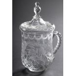 Kleiner Glas Deckelbecher mit feinem Schliff "Vö | Small glass lidded cup with fine cut "birds in a