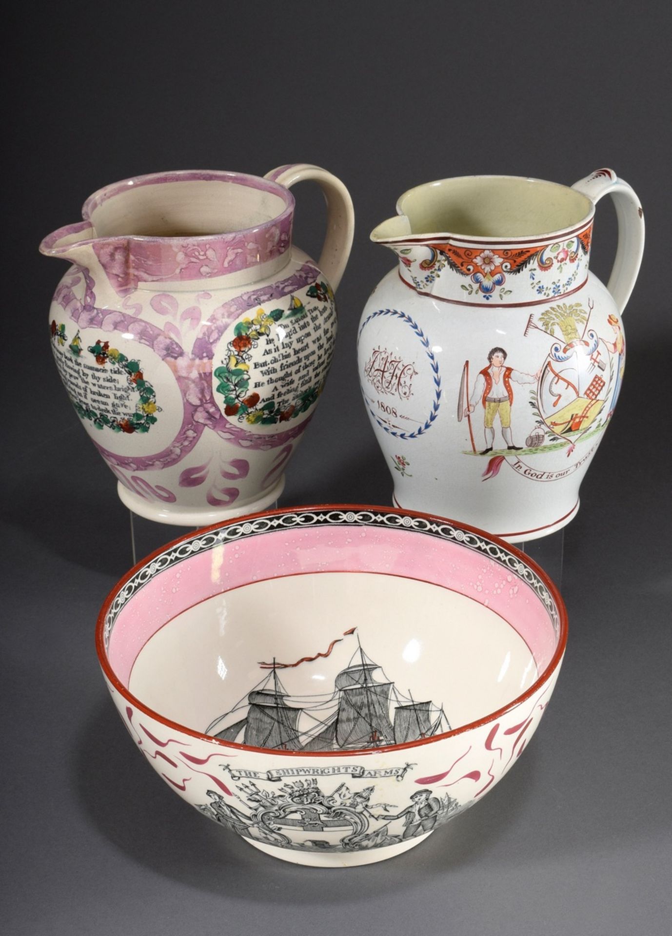 3 Diverse englische Weichporzellan Krüge und Sch | 3 Various English soft porcelain jugs and bowls