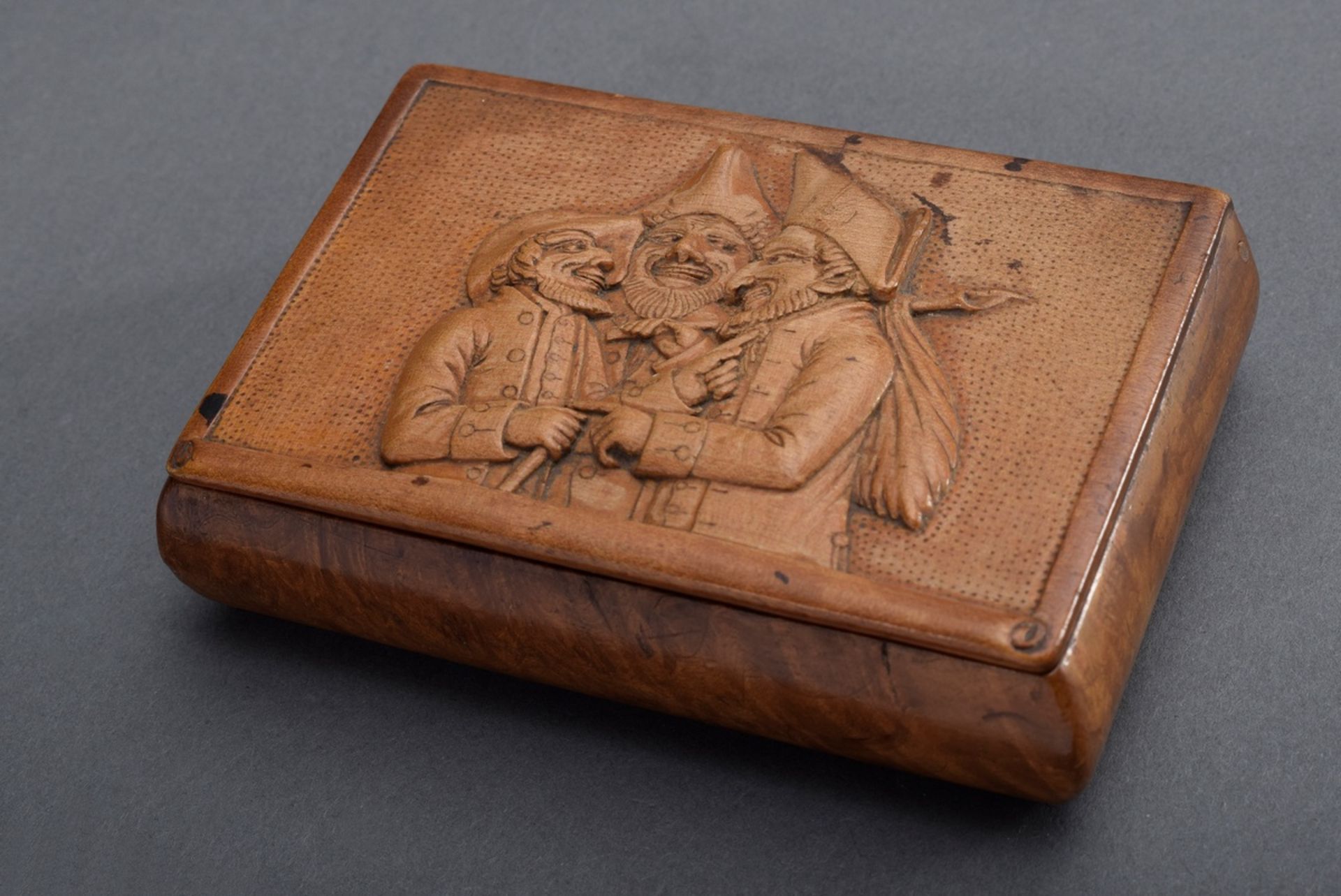 Wurzelholz Schnupftabakdose mit geschnitztem Rel | Burl wood snuff box with carved relief in the li - Bild 7 aus 8