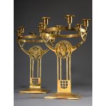 Paar 6-armige Jugendstil Tafelleuchter mit Eulen | Pair of 6-armed art nouveau table candlesticks w