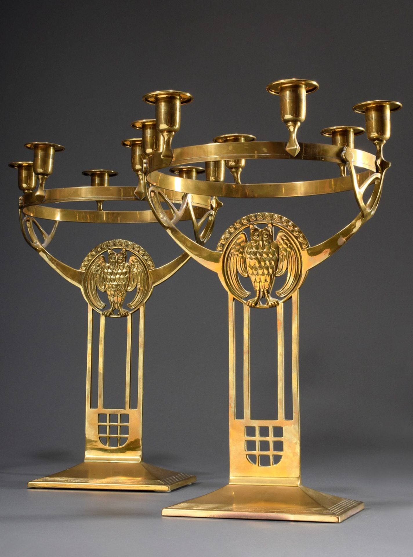 Paar 6-armige Jugendstil Tafelleuchter mit Eulen | Pair of 6-armed art nouveau table candlesticks w