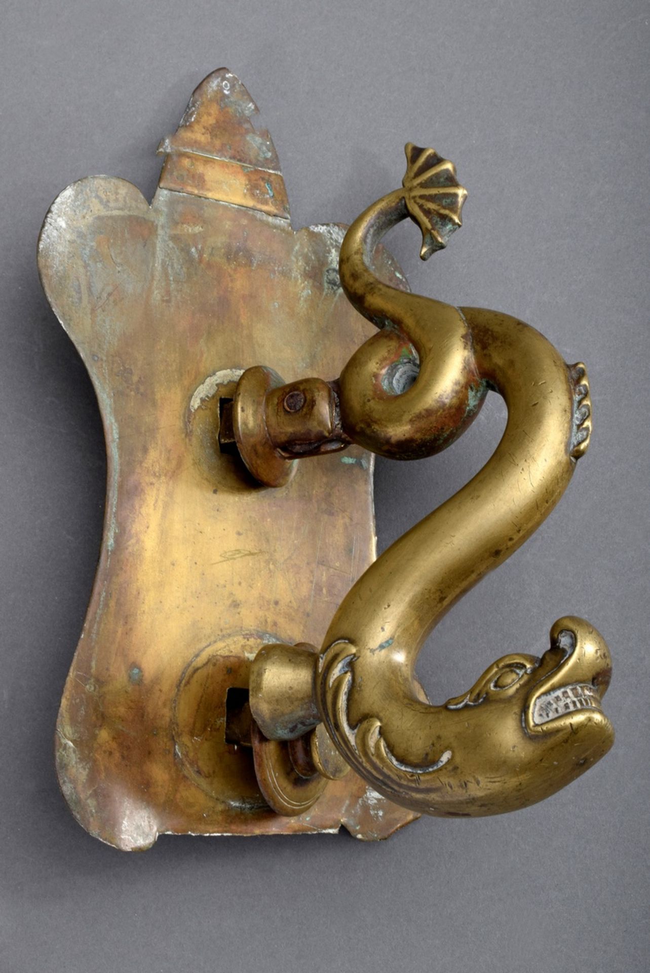 Antiker Bronze Türklopfer "Meerestier", 25x13x12,5cm, restauriert, leichte Gebrauchsspuren