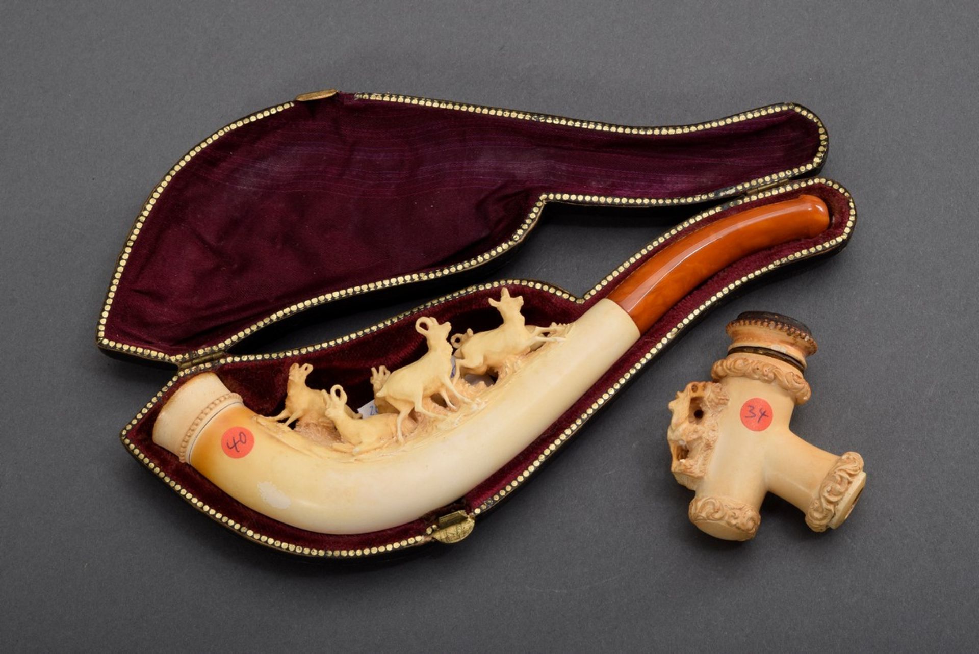 2 Various meerschaum cigar holders with sculptural figures "chamois"/"stags", 1x with amber mouthpi - Image 2 of 9