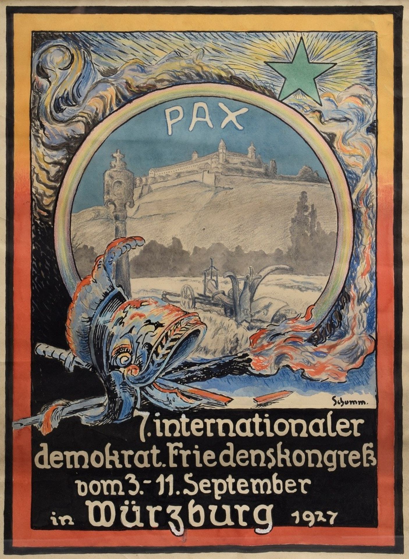 Plakatentwurf "7. internationaler demokrat. Friedenskongreß, Würzburg" (Burg Rothenfels) 1927, Aqua