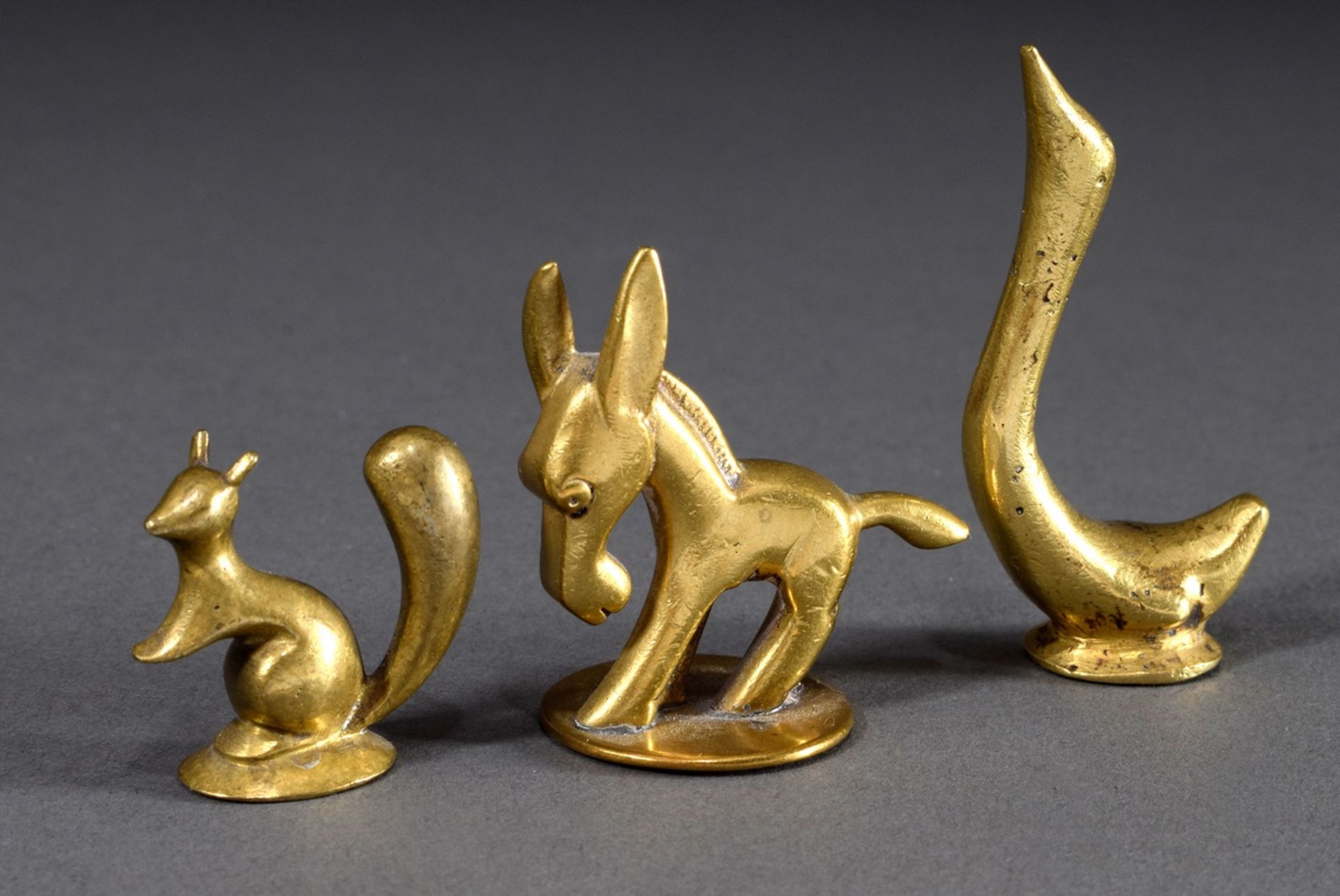 3 Diverse Miniatur Bronzen "Esel", "Ente" und "Eichhörnchen", 1x gestempelt "Hagenauer", Wien 1. Hä