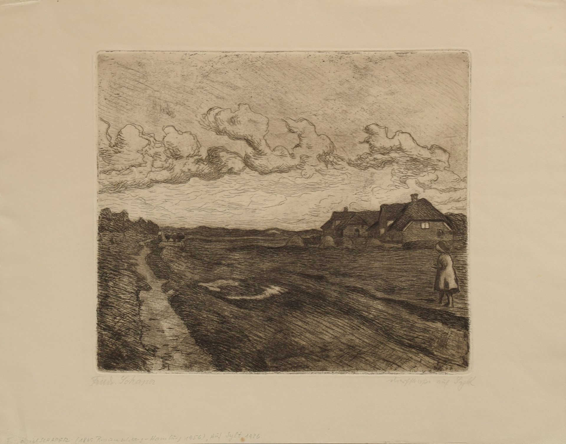 Schaper, Friedrich (1869-1956) "Dorfstraße auf Sylt", Radierung, in Passepartout montiert, sign./be - Bild 2 aus 4