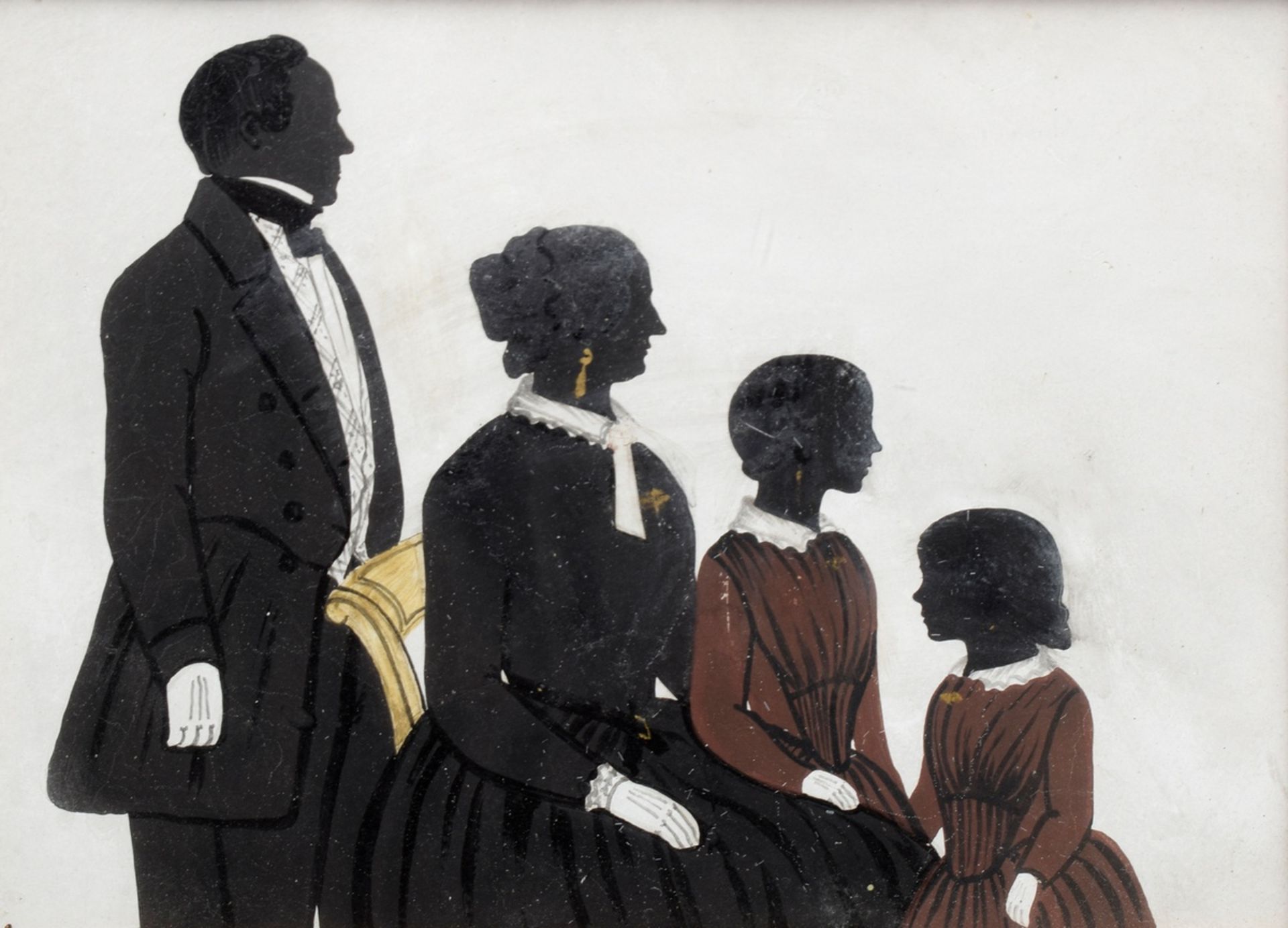 Biedermeier Silhouette „Familie“, Gouache, 11x14,8cm (m.R. 20,4x23,5cm)