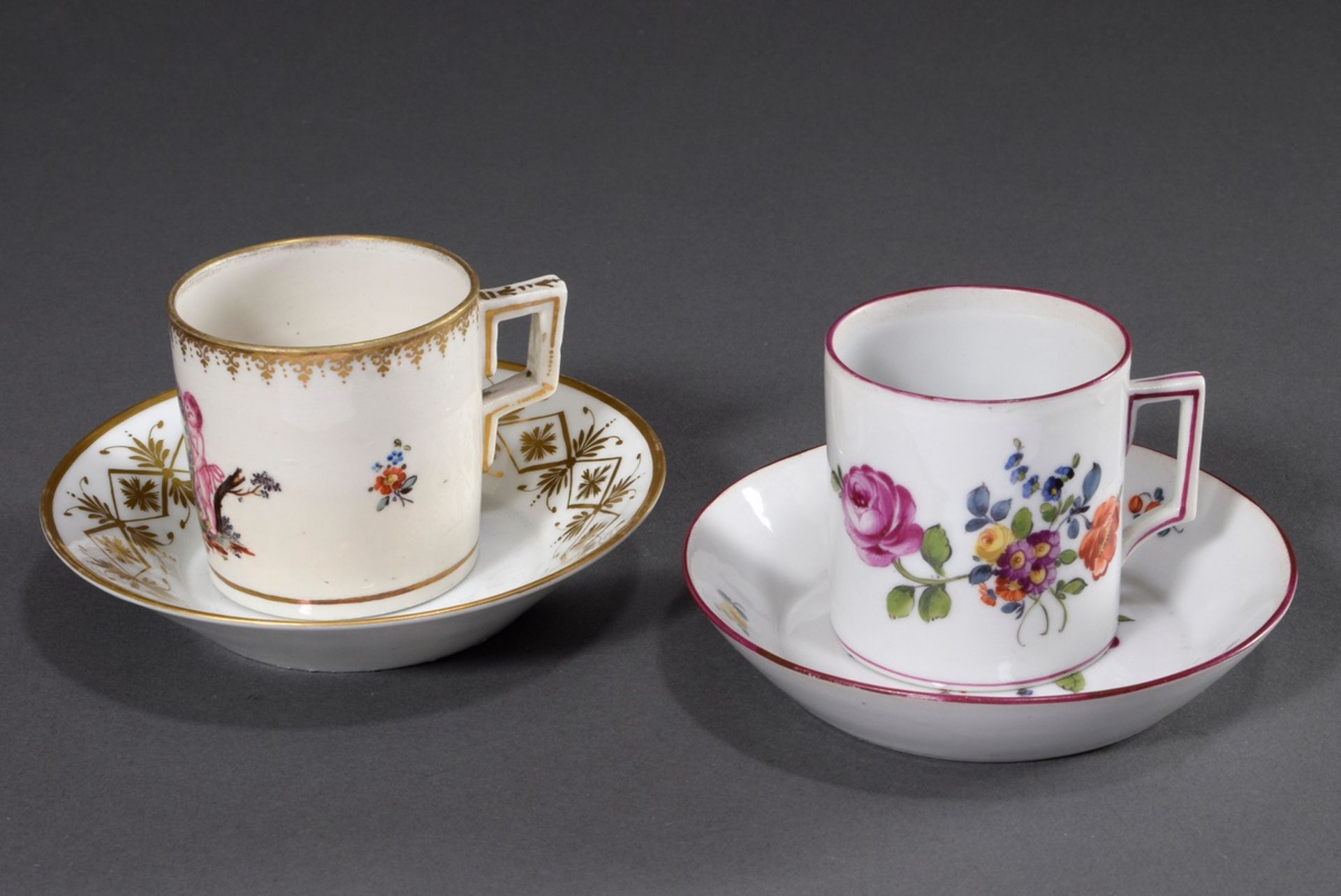 2 Various cylindrical Biedermeier porcelain cups/saucers with polychrome painting "Blossoms" and "P - Image 2 of 9