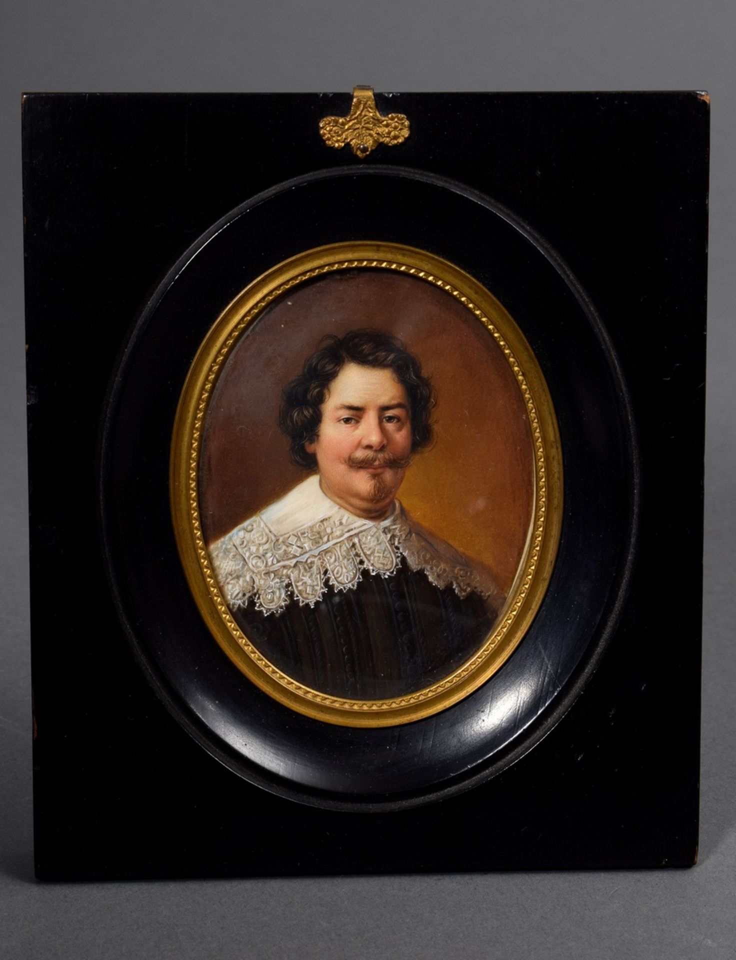 Feine gemalte Miniatur "Portrait eines Holländers mit breitem Spitzenkragen", Gouache/Elfenbein, 18