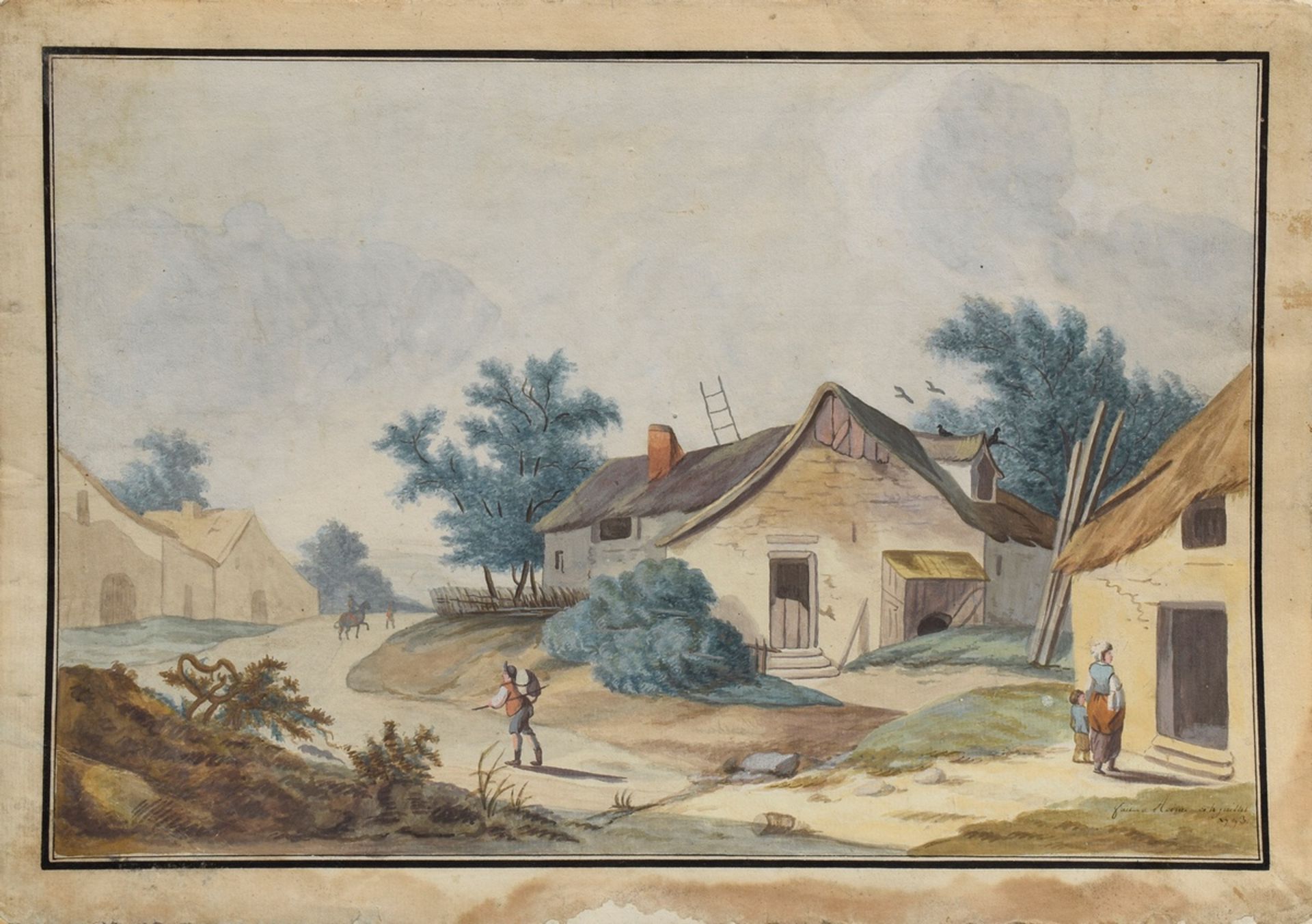 Unbekannter franz. Maler des 18. Jh. "Dorfstraße" 1793, Aquarell, u.r. sign./dat., 27,3x39,3cm, auß