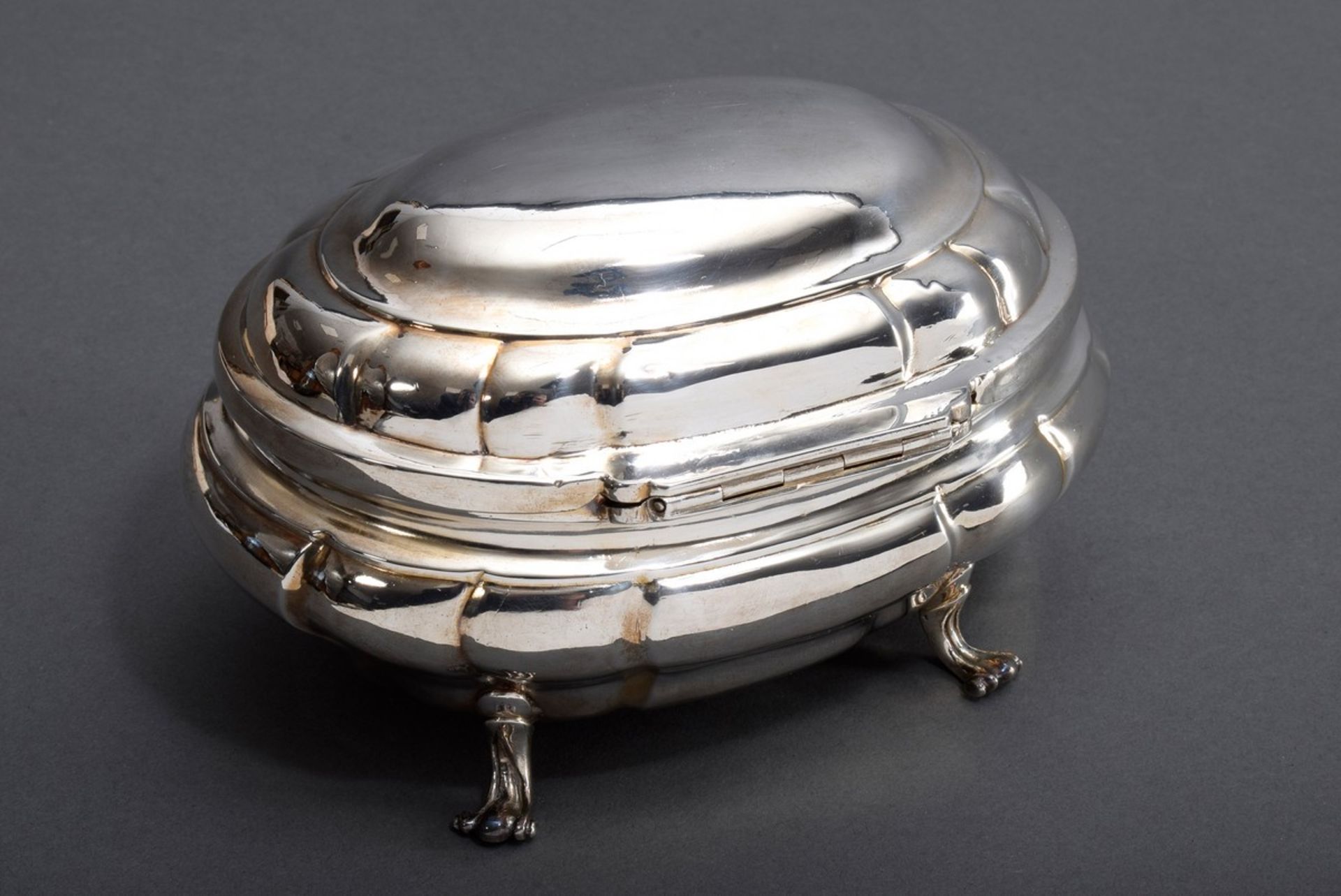 Oval baroque sugar bowl with sparsely decorated body on feet, MM / inspection indistinct, silver, 3 - Image 2 of 5