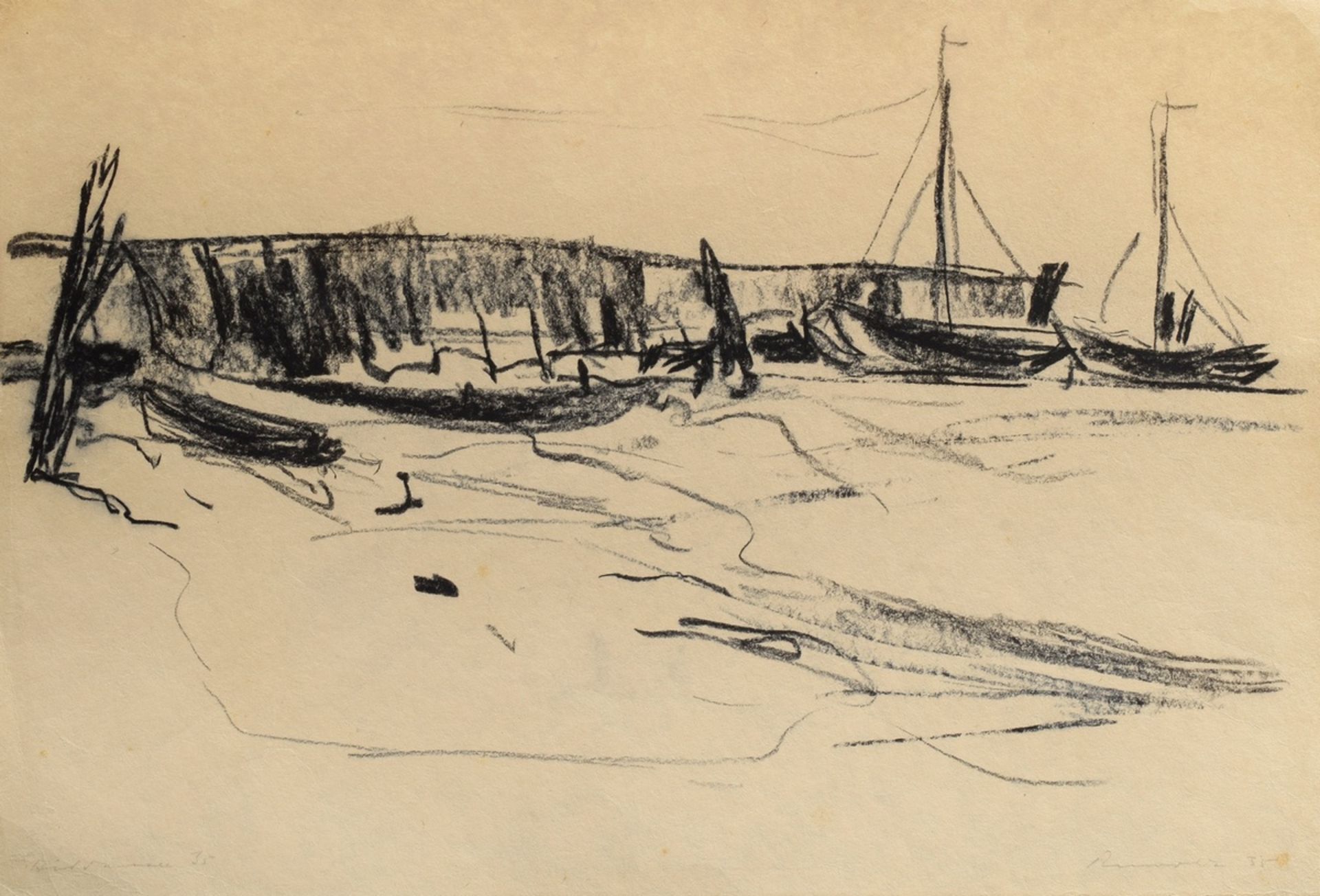 Ruwoldt, Hans Martin (1891-1969) "Hafen" 1935, Kohlezeichnung, sign./dat., 33x48,5cm, kleine Randde