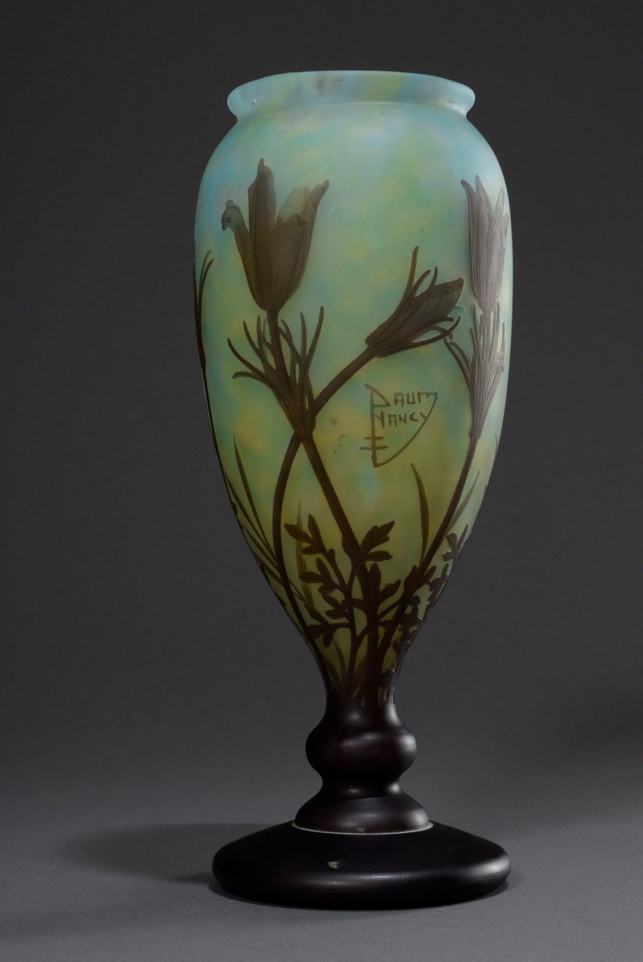 Daum Nancy Jugendstil Vase "Anémones pulsatilles", farbloses Glas mit gelben und hellblauen Pulvere - Bild 2 aus 6