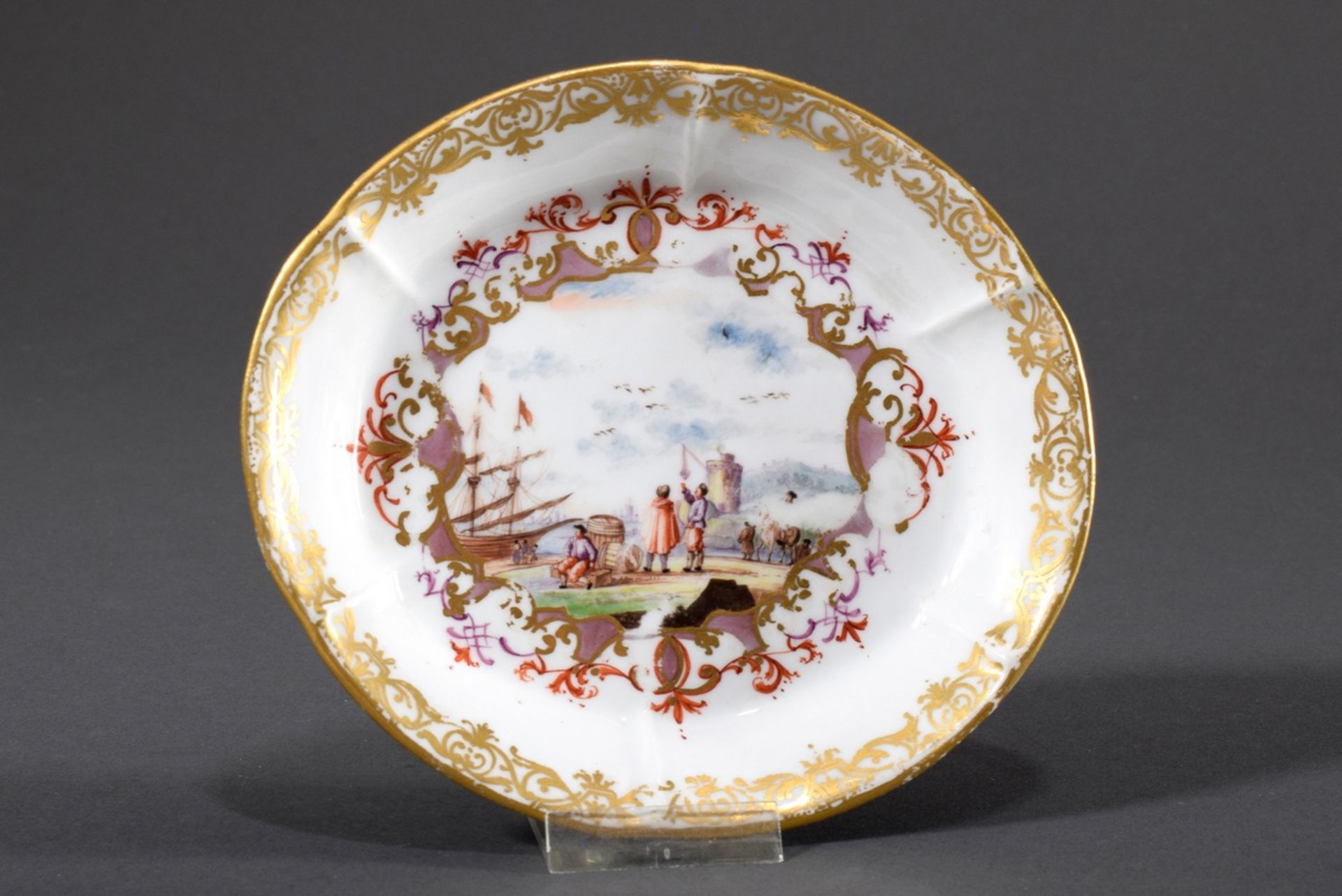 Oval Meissen bowl with polychrome painting in the manner of Christian Friedrich Herold "Kauffahrtei