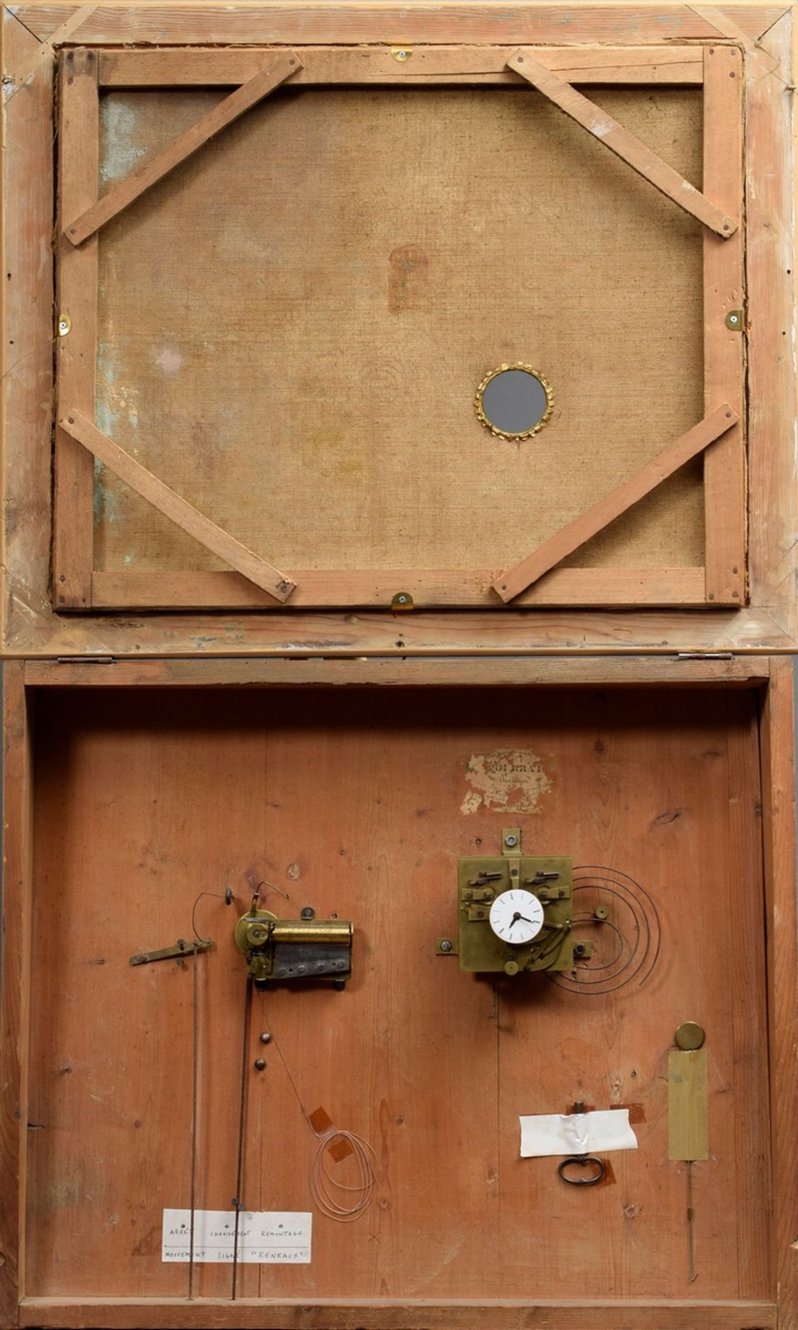 Biedermeier Bilderuhr „Dörfliche Szene am Fluss“ Öl/Leinwand in Original Rahmen,  Spieluhr mit 3 ve - Bild 4 aus 11