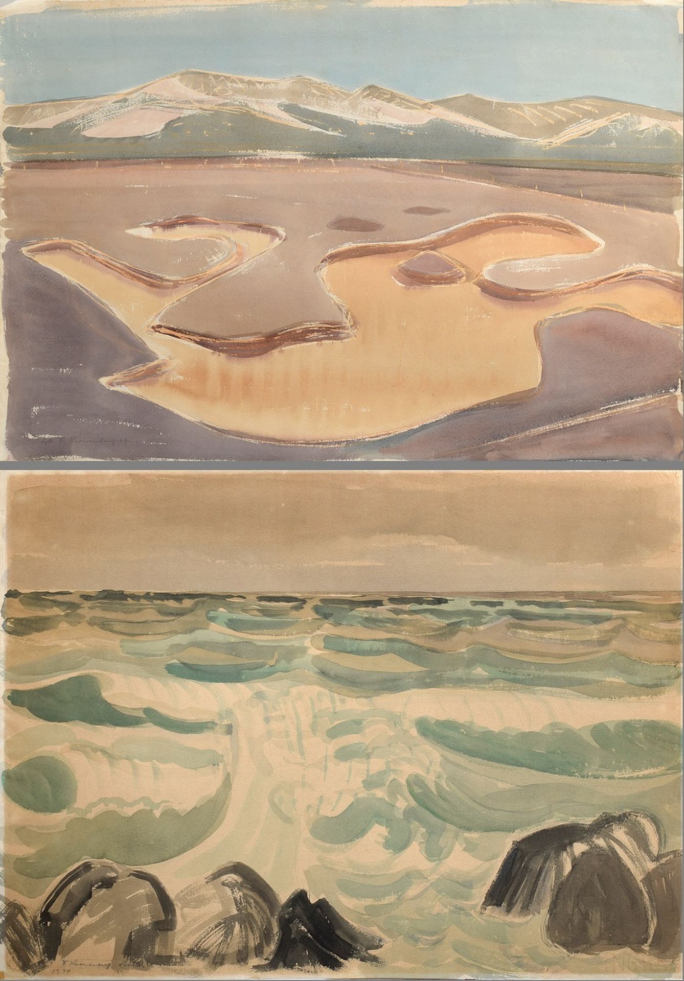 2 Kronenberg, Fritz (1901-1960) "Sylt - Wattlandschaft mit Dünenkette" 1937 und "Strand" 1934, Aqua