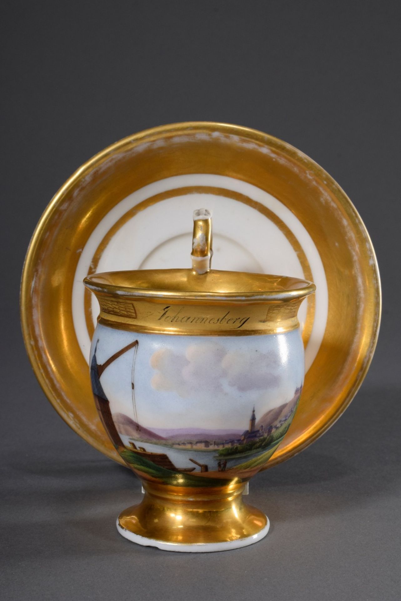 Wallendorf view cup with fine painting "Johannesberg near Fulda" on gold background, incised mark o - Image 2 of 9