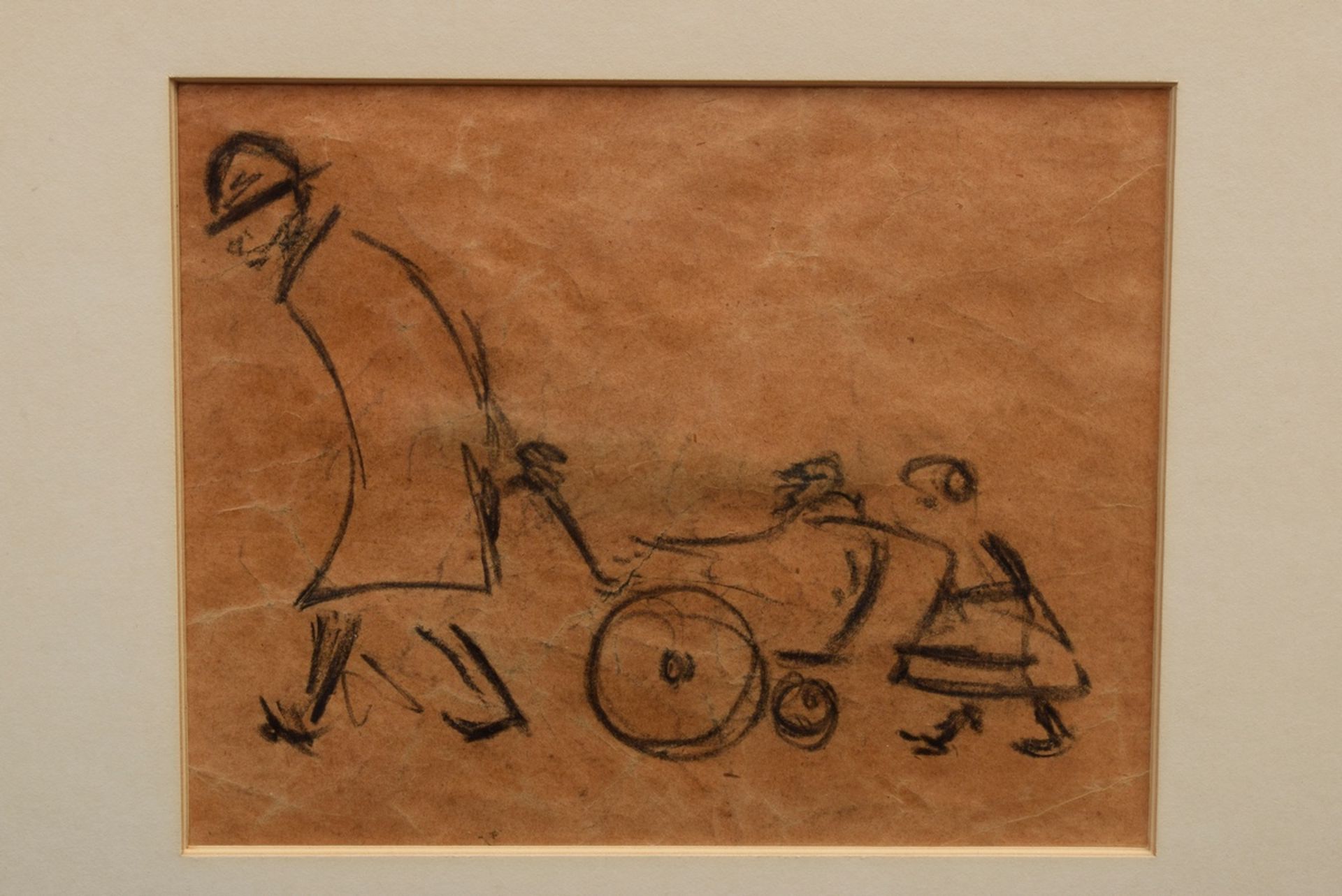 Zille, Heinrich (1858-1929) "Vater mit Kinderwagen und Kind", Kohle/Ton Papier, verso Signaturstemp