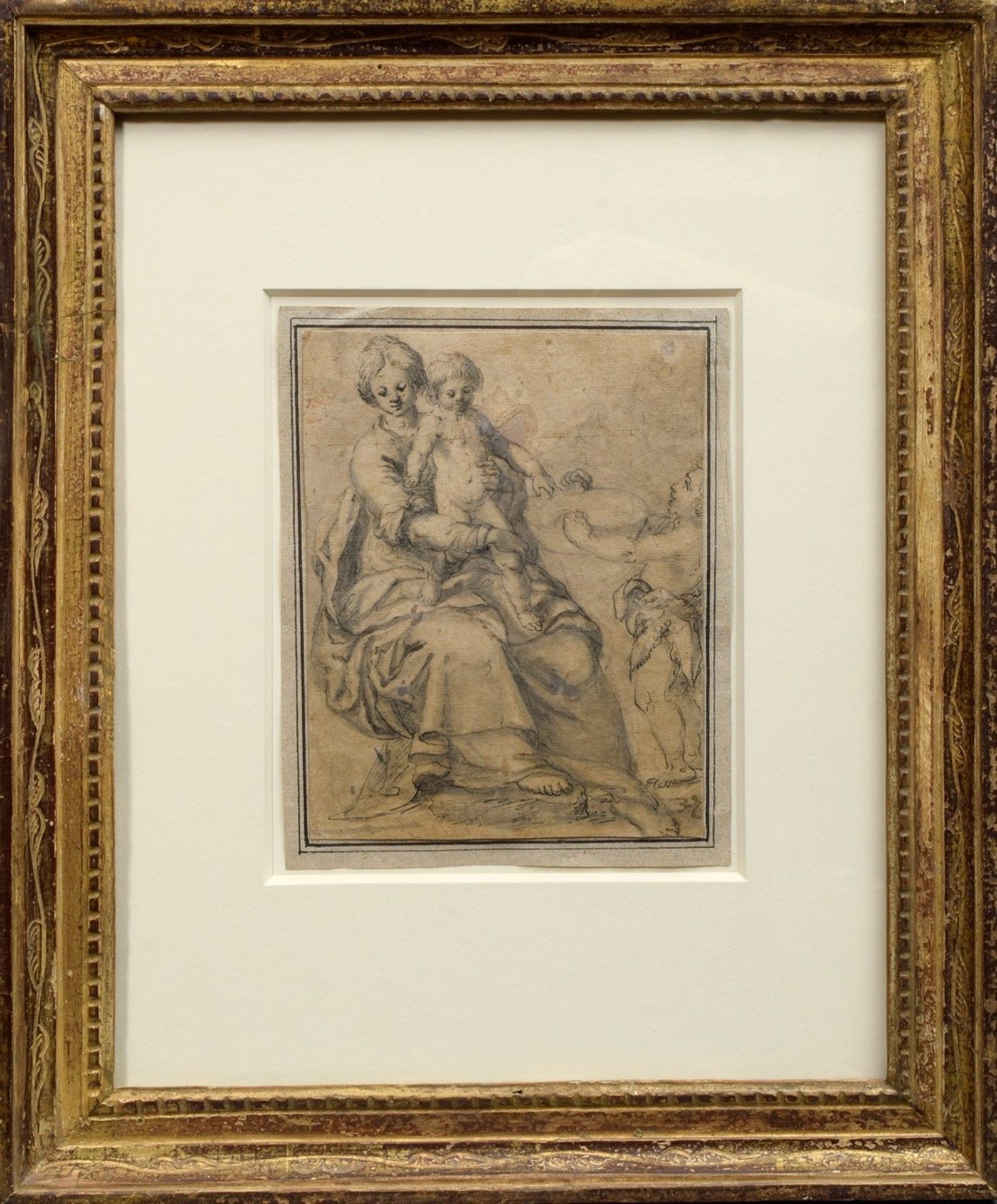 Unbekannter italienischer Künstler des frühen 17.Jh. "Mutter mit Kind", Bleistift/Tinte, Feder/Papi - Bild 2 aus 4