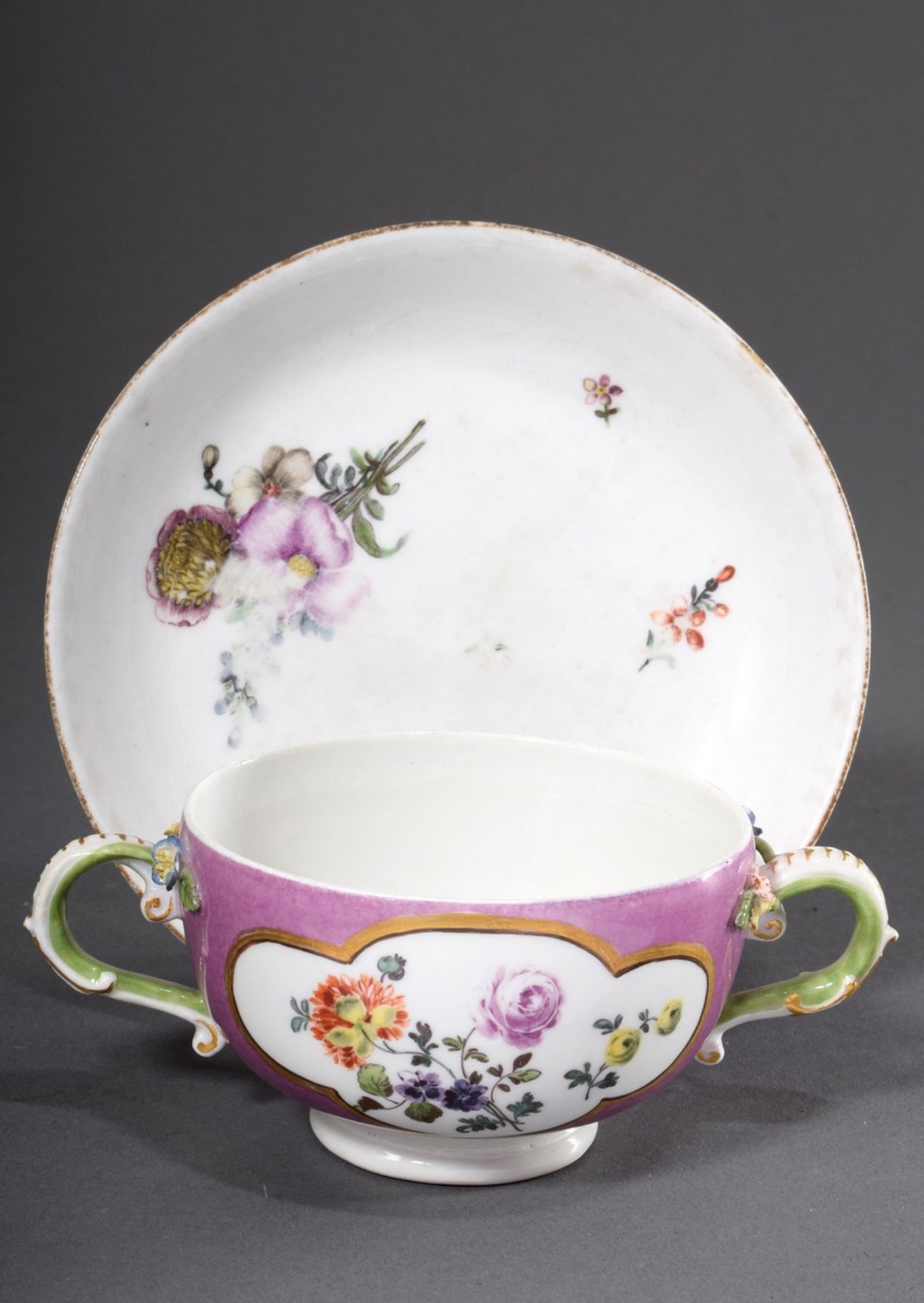 Meissen bouillon cup/saucer with polychrome painting "Blossoms" in four-pocket reserves on purple g