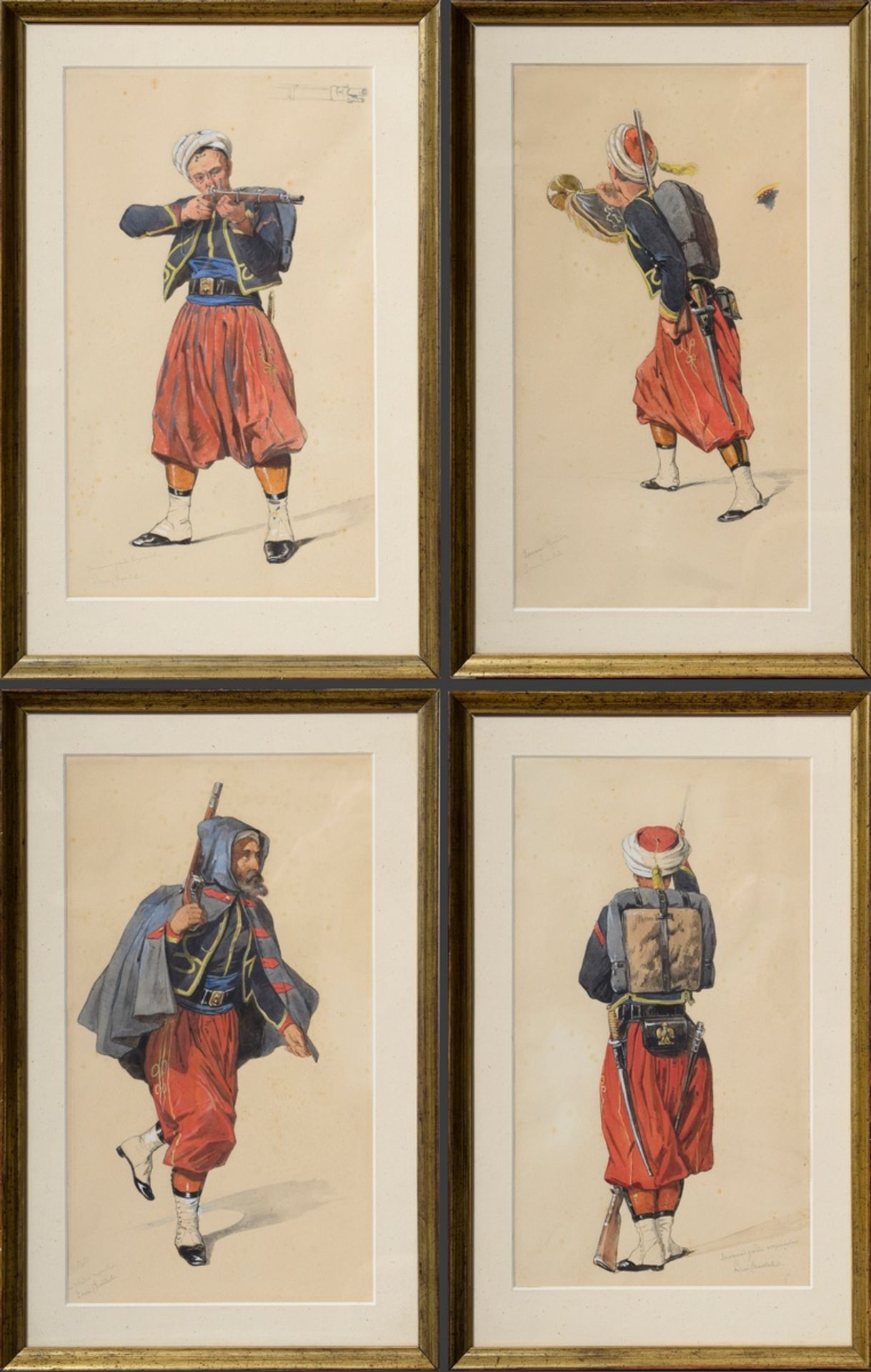 4 Chantal, Louis (1822-1899) "Napoleonische Soldaten (Zouaven)", Bleistift/Aquarell, weiß gehöht, j