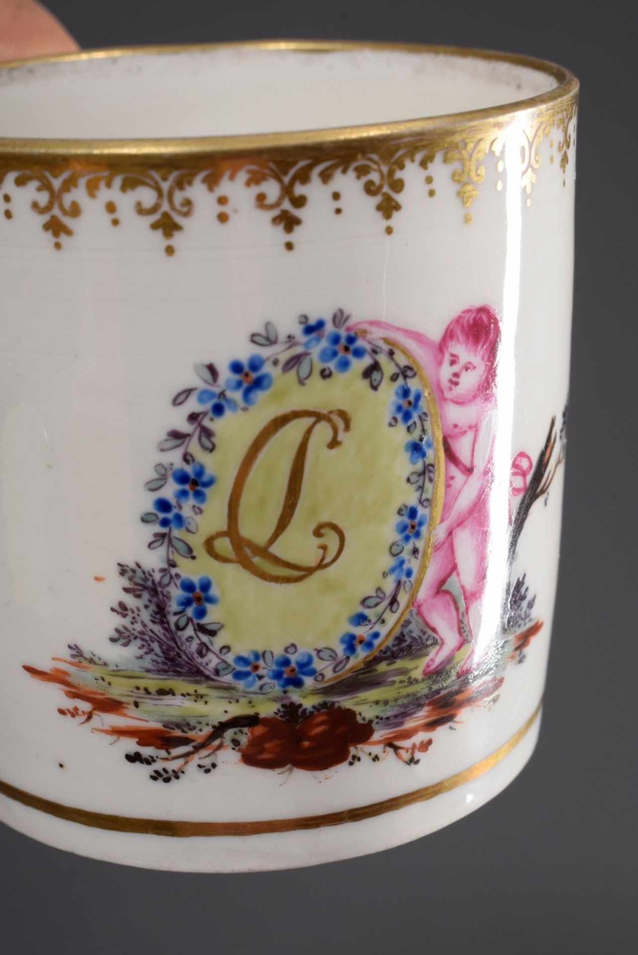 2 Various cylindrical Biedermeier porcelain cups/saucers with polychrome painting "Blossoms" and "P - Image 6 of 9