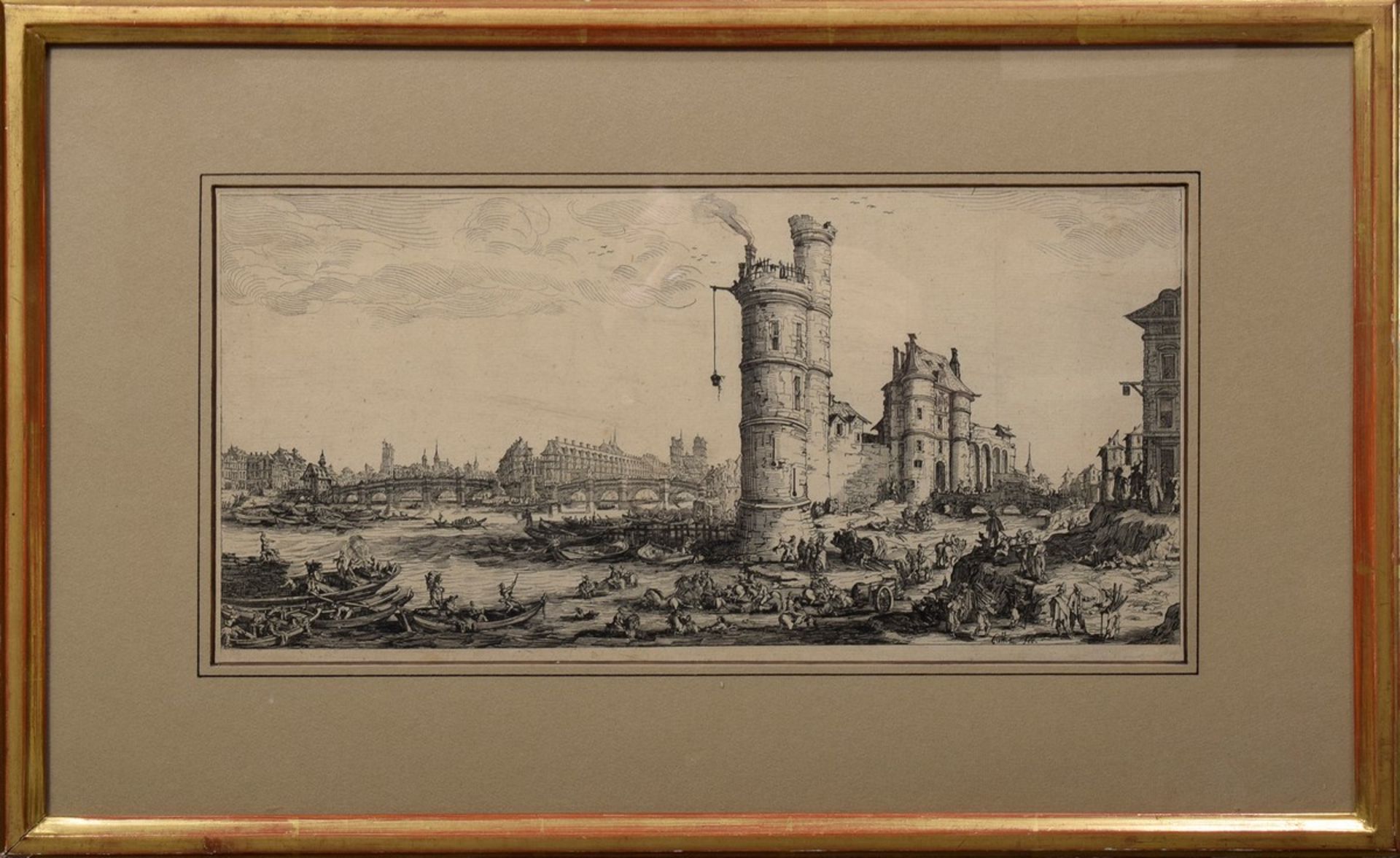 Callot, Jaques (1592-1635) "Vue de Pont-Neuf" aus: "Les Deux Grandes Vues de Paris", um 1630, Radie - Bild 2 aus 3