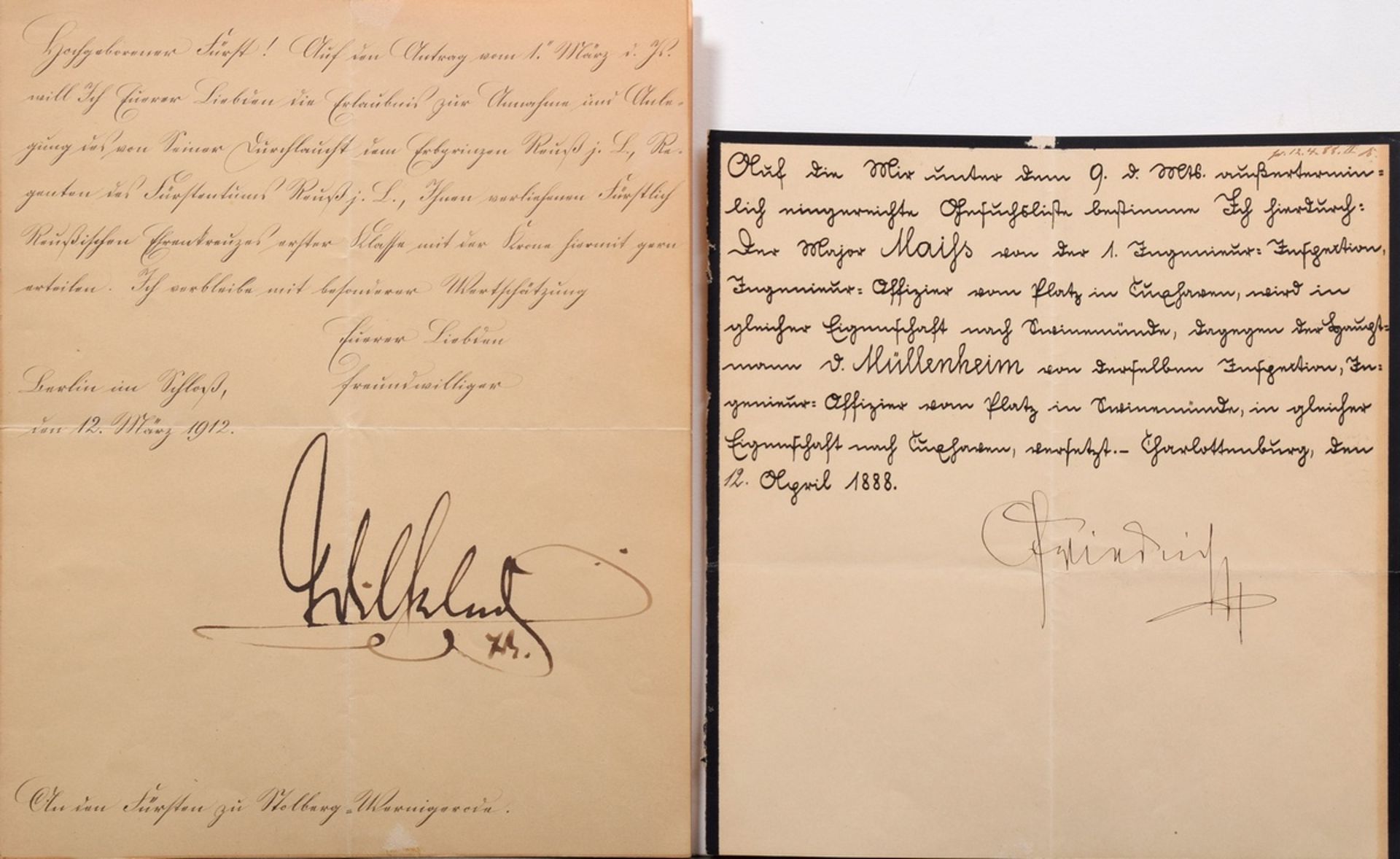 2 Diverse Schriftstücke mit Autographen (eigenhändiger Unterschrift) von Kaiser Friedrich III. ("99