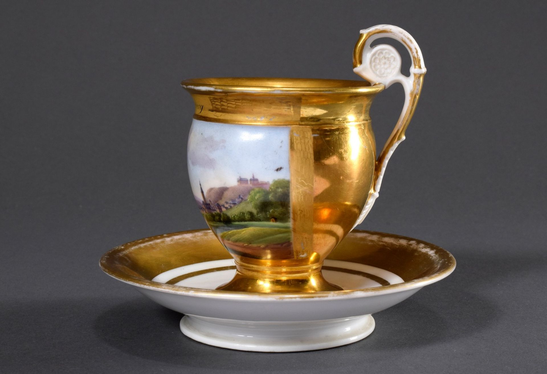 Wallendorf view cup with fine painting "Johannesberg near Fulda" on gold background, incised mark o