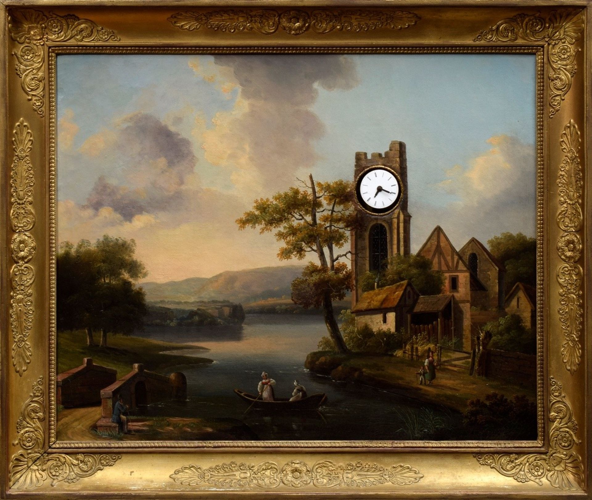 Biedermeier Bilderuhr „Dörfliche Szene am Fluss“ Öl/Leinwand in Original Rahmen,  Spieluhr mit 3 ve