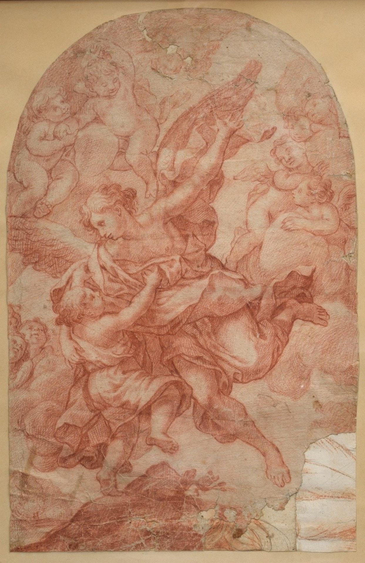 Unbekannter Künstler des 18.Jh. "Erzengel Gabriel mit Kindern", Rötelzeichnung/Papier, 42,5x27cm, r