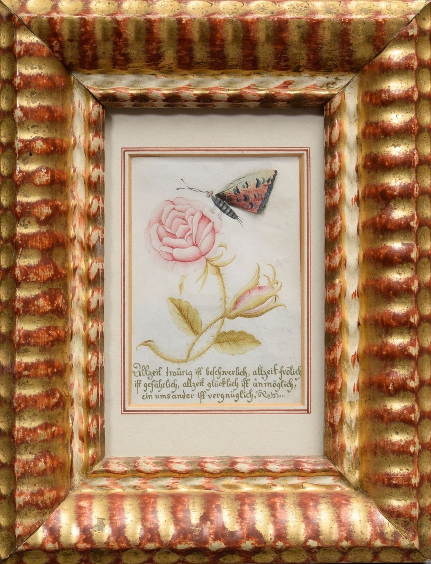 Österreichischer Künstler des 18.Jh. "Poesiespruch mit Rose und Schmetterling", Aquarell/Papier, ve