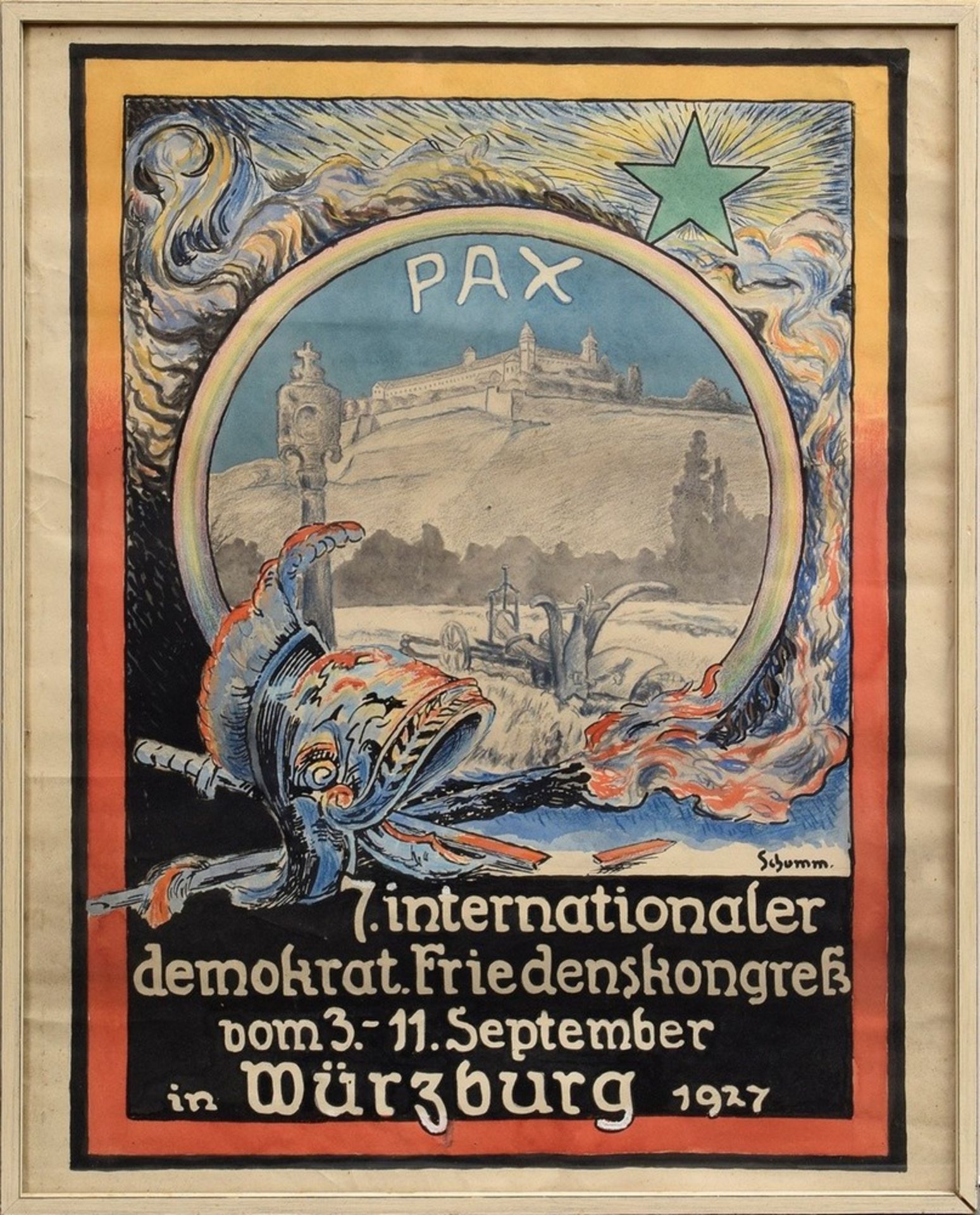 Plakatentwurf "7. internationaler demokrat. Friedenskongreß, Würzburg" (Burg Rothenfels) 1927, Aqua - Bild 2 aus 2