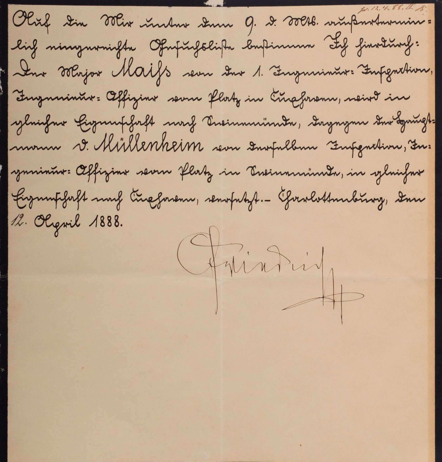 2 Diverse Schriftstücke mit Autographen (eigenhändiger Unterschrift) von Kaiser Friedrich III. ("99 - Bild 3 aus 3