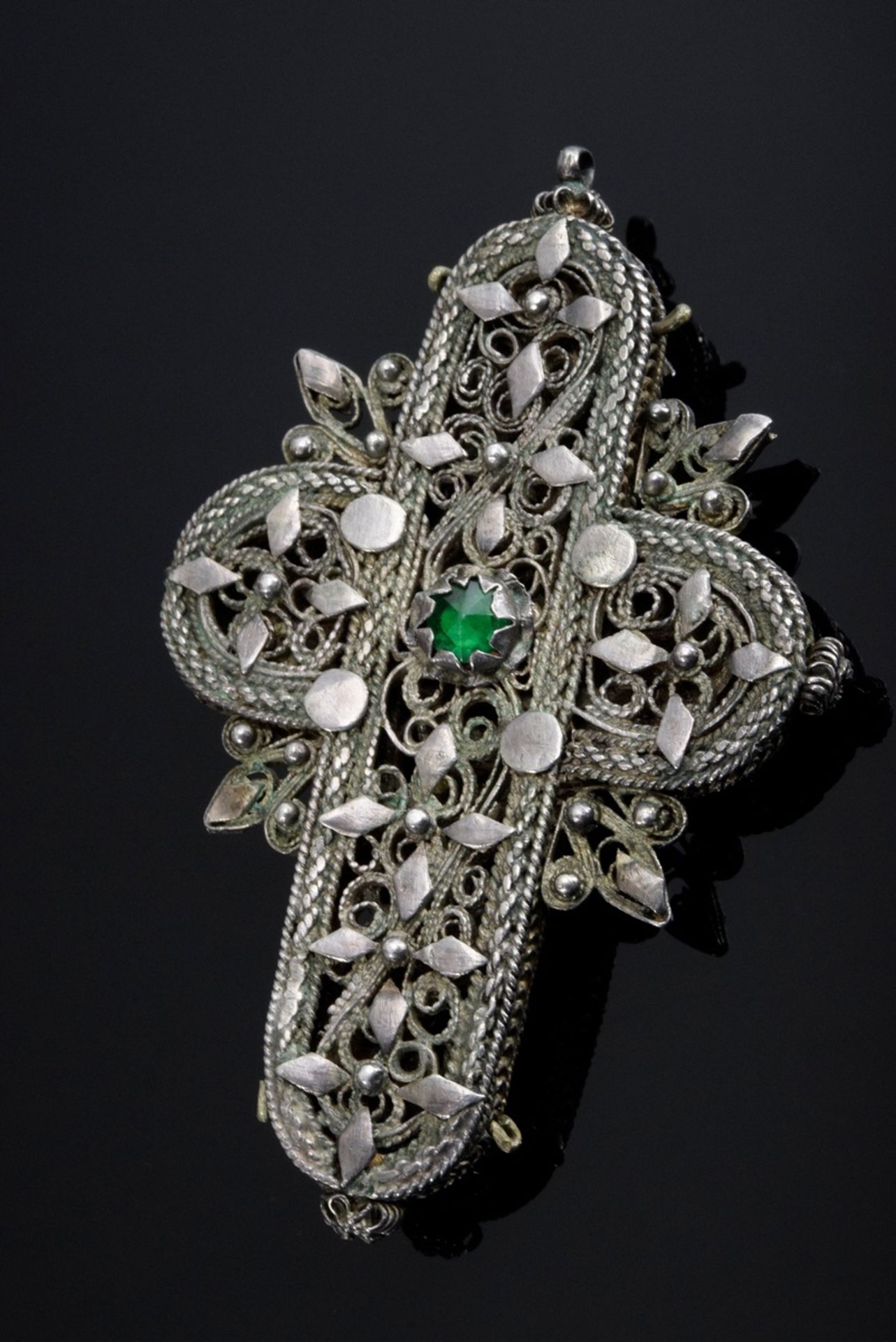 Traditional costume jewellery "Cross" pendant in silver filigree with coloured stones and brass bod - Image 2 of 2