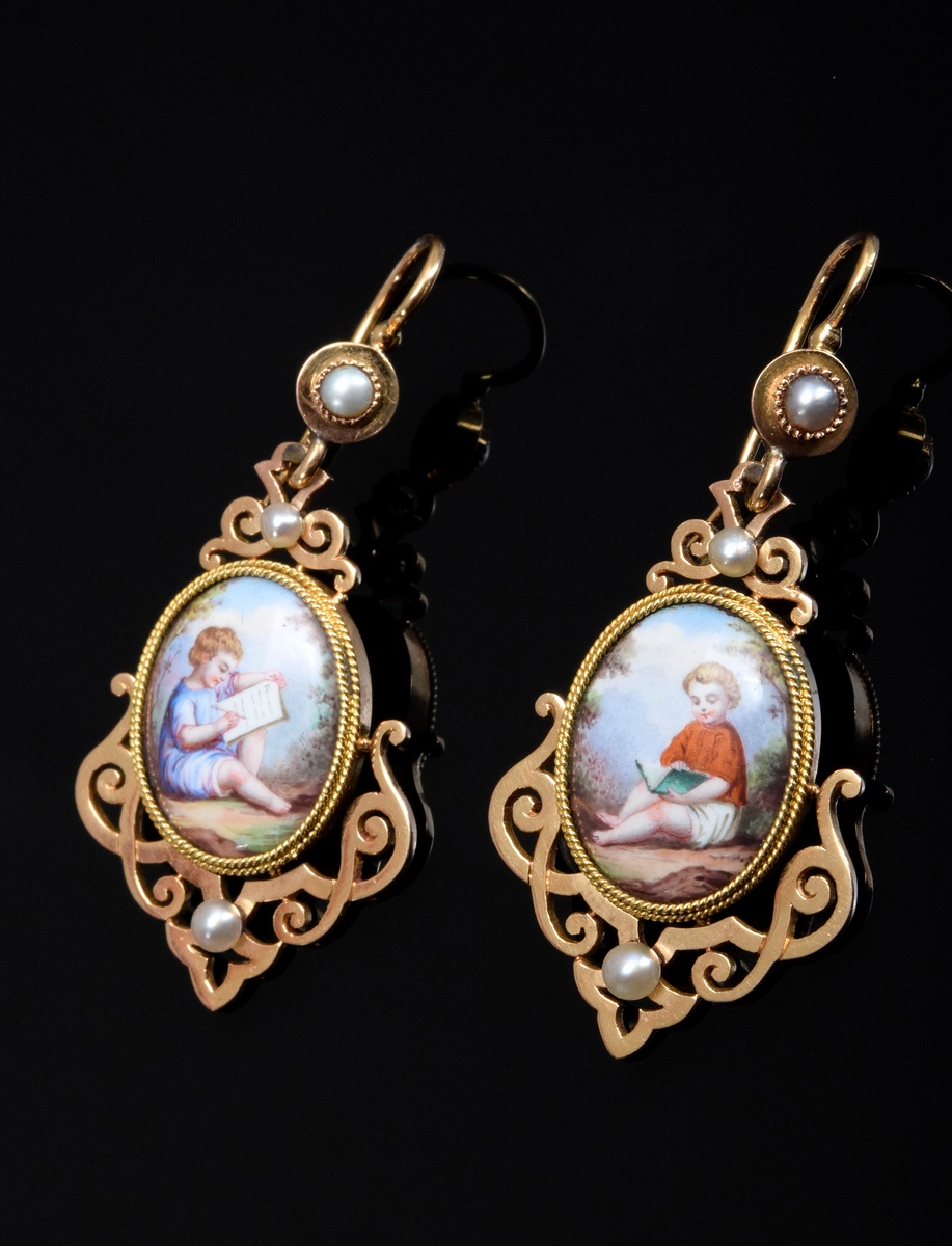 Pair of late Biedermeier drop earrings with oval enamel paintings "Reading and writing child" in a 