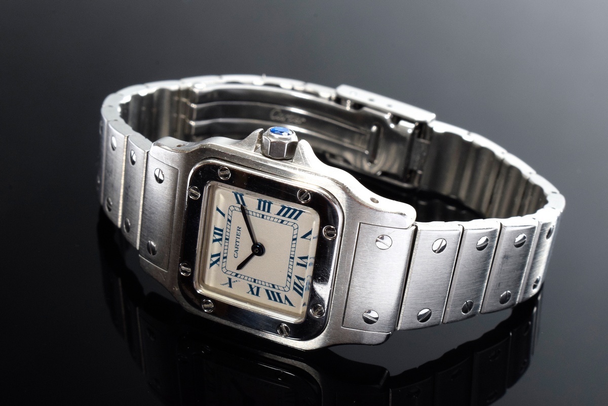 Cartier "Santos" steel ladies' wristwatch, small model, quartz movement, roman numerals and minute 