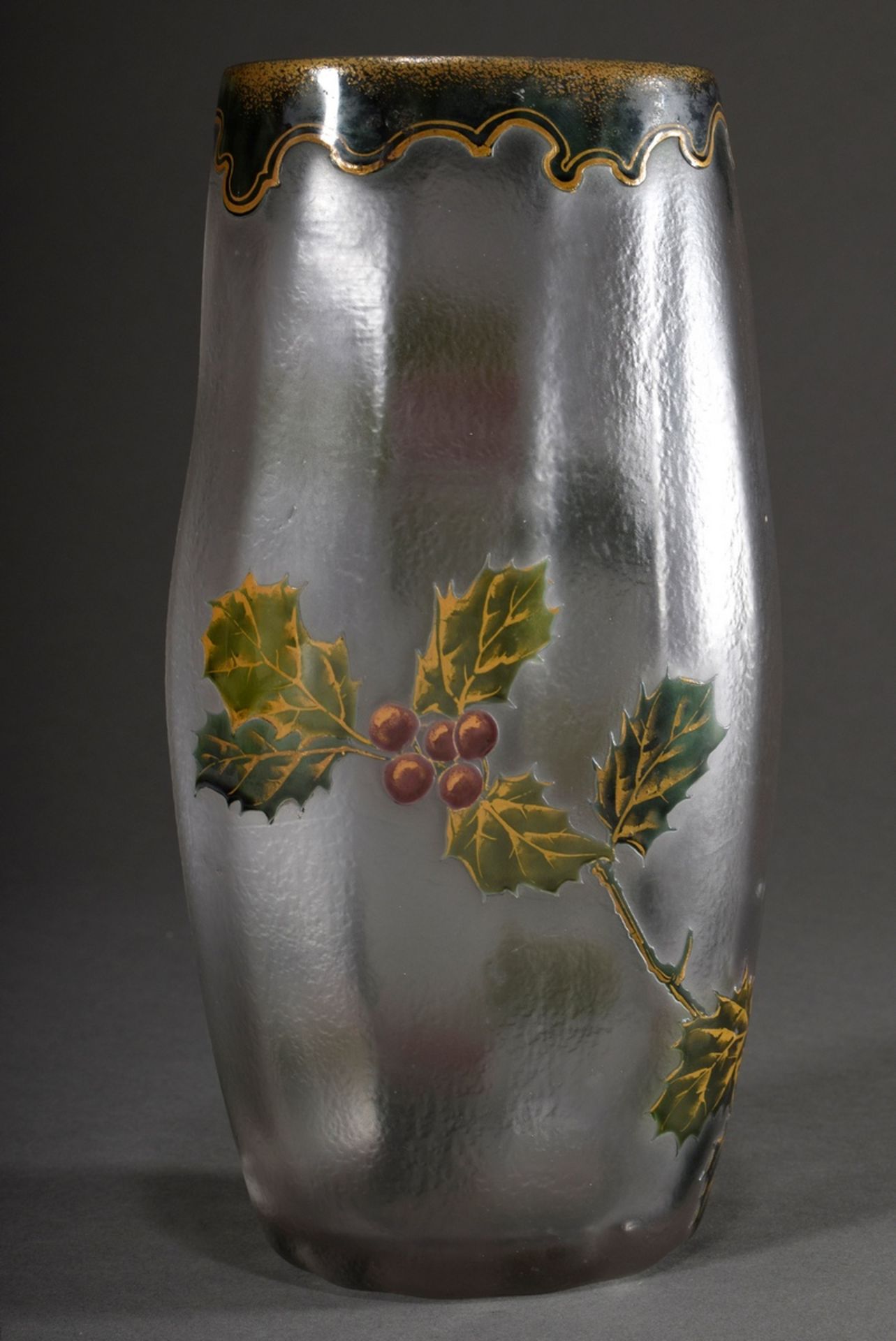 Tall Art Nouveau vase with etched and gilded decoration "Ilex", thick-walled colourless glass, part - Image 2 of 5