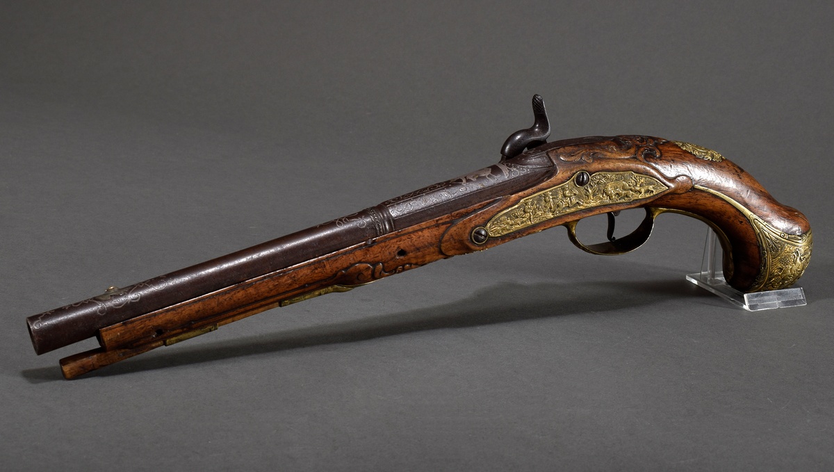 Muzzle-loading/percussion pistol (adjusted) with walnut stock, finely chiselled gilt bronze decorat