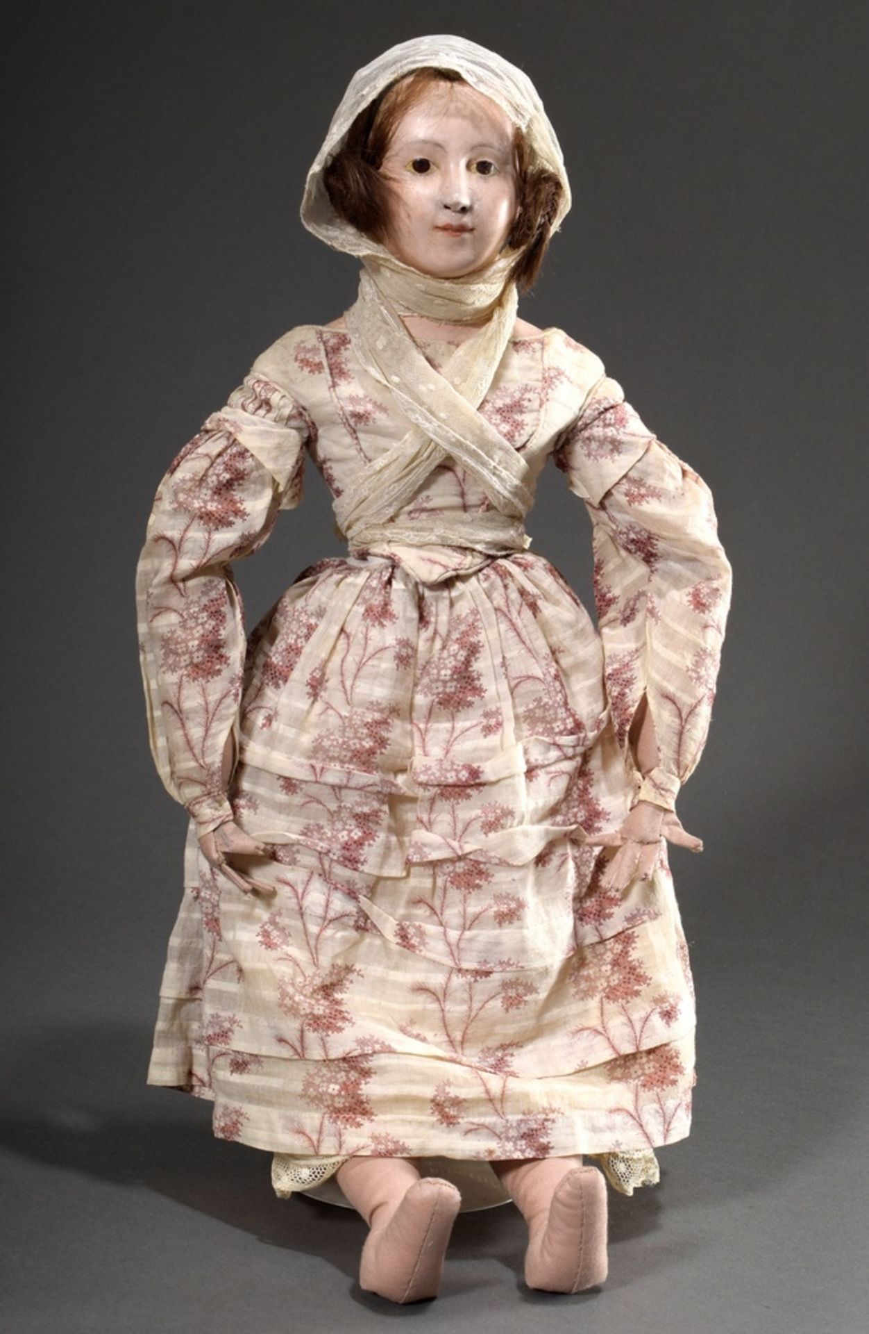 Early Biedermeier doll with papier-mâché breasthead, real hair and brown eyes, original clothing, c