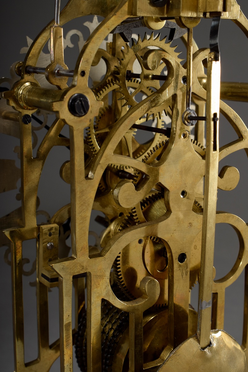 Brass skeleton clock under glass lintel, England 19th c., h. 34.5/42.5cm, glass replaced - Image 5 of 8