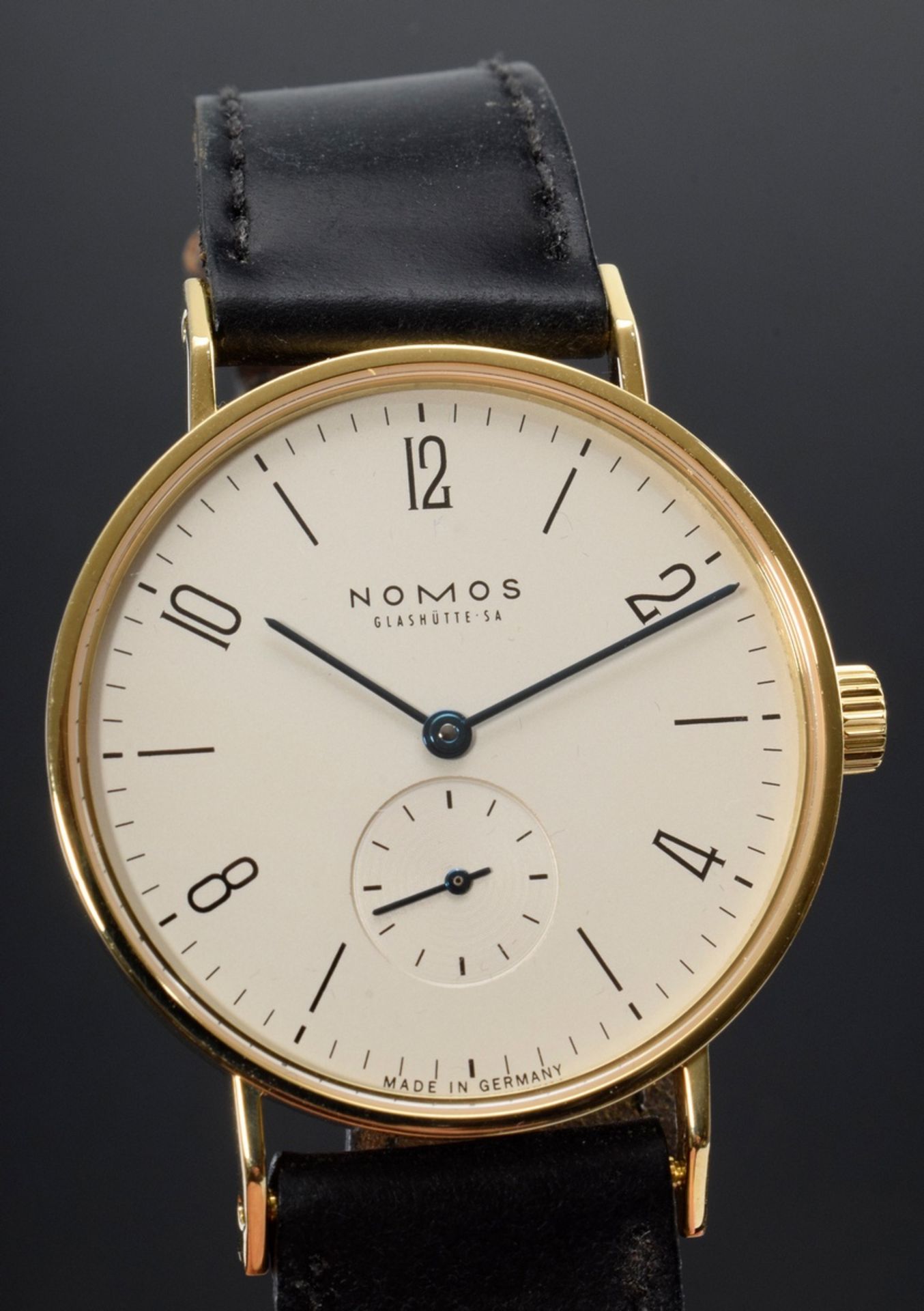 Nomos "Tangente" Herren Armbanduhr mit GG 750 Gehäuse, Jubiläumsedition 125 Jahre Wempe/Hamburg, Ha - Bild 2 aus 5