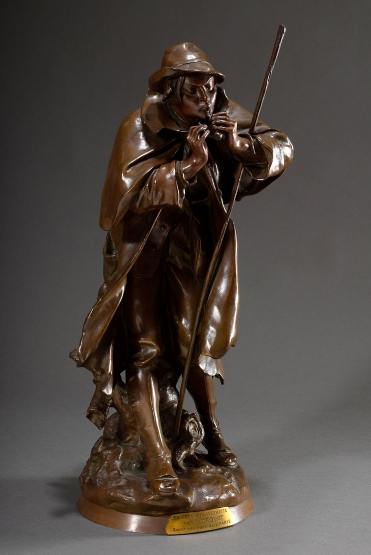 Drouot, Edouard (1859-1945) "La dernière Allumette", bronze dark patinated, signed, base with plaqu