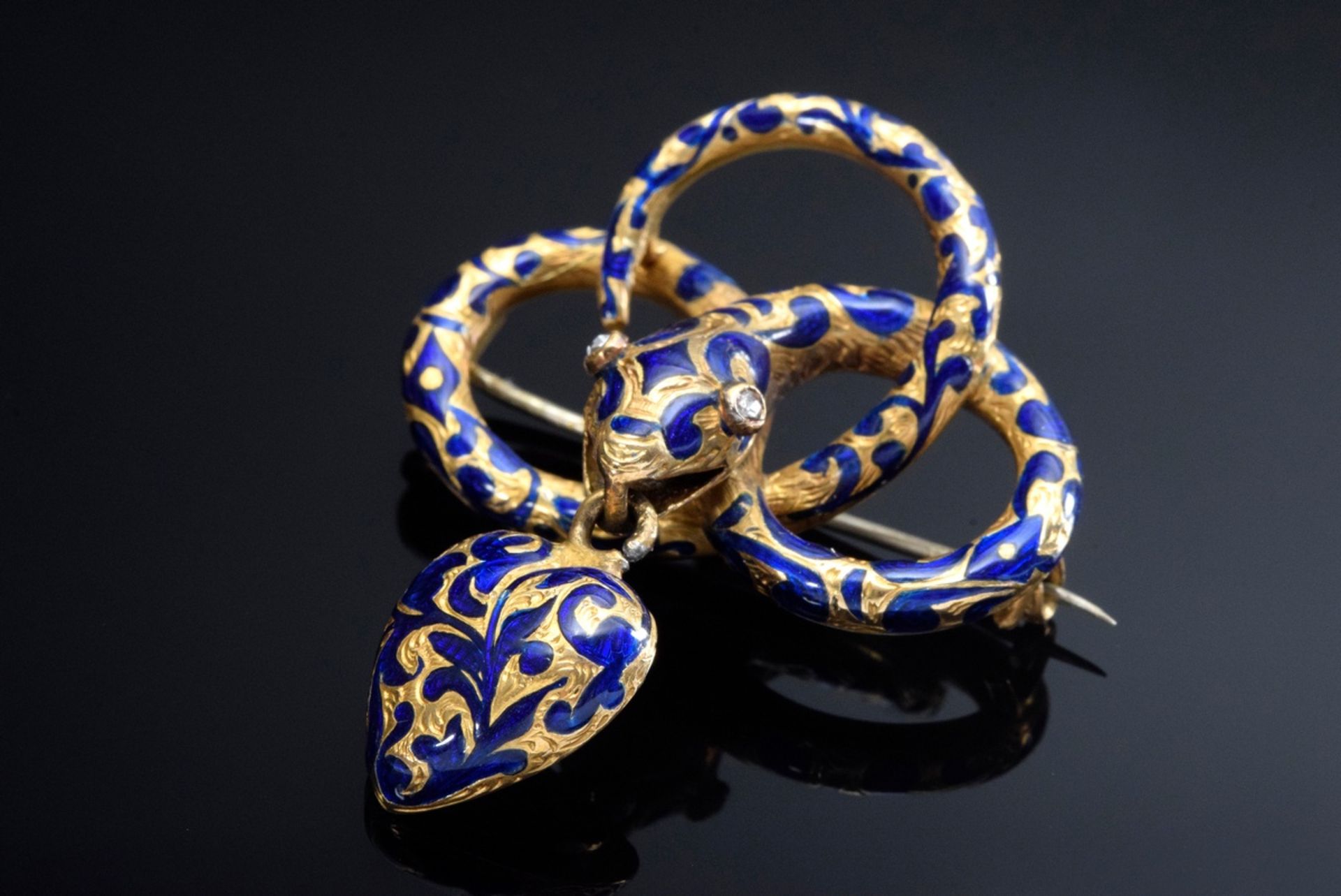 Museal memoir pin "Snake" with blue enamelled YG 750 body and diamond rose eyes, movable "heart" pe
