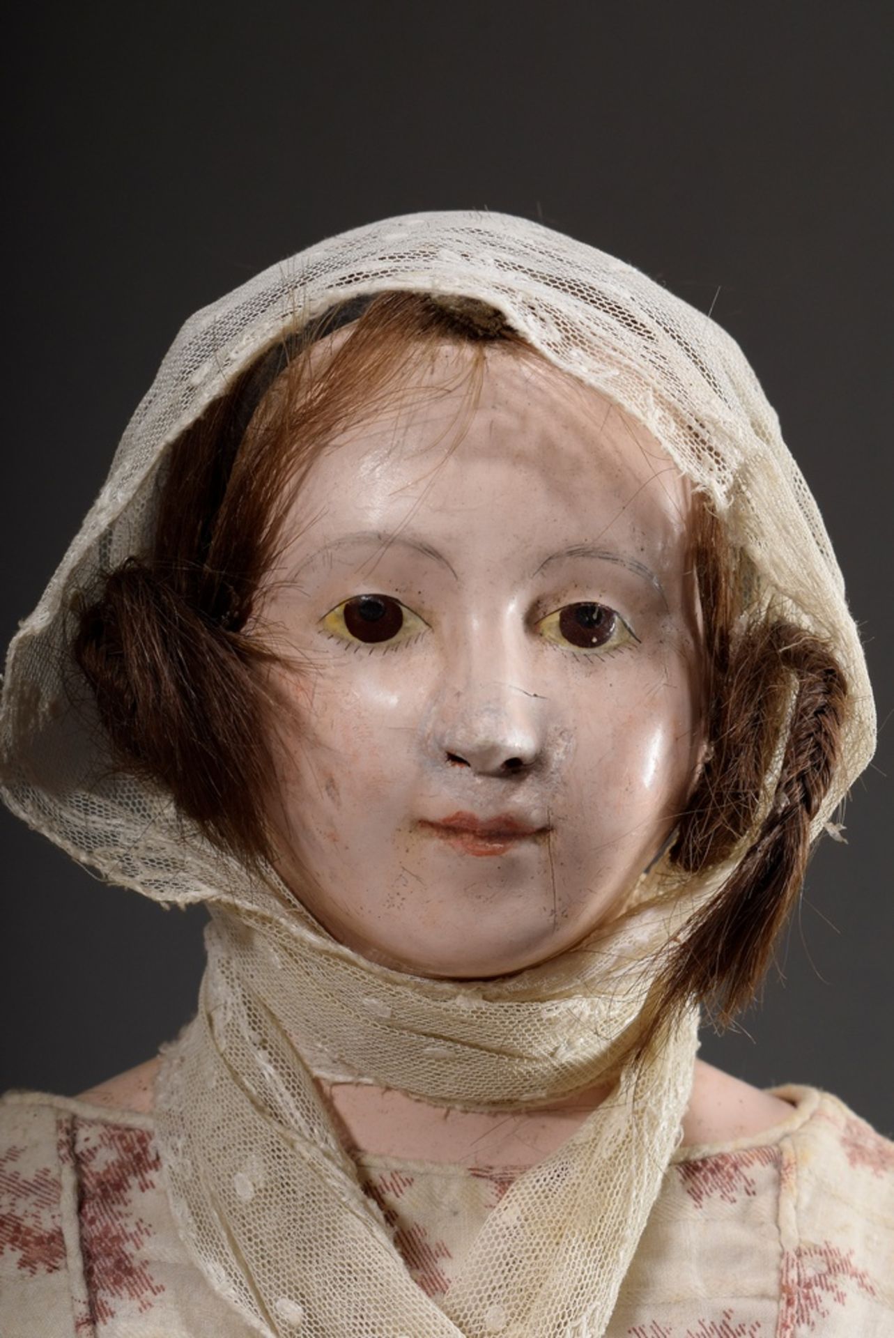 Early Biedermeier doll with papier-mâché breasthead, real hair and brown eyes, original clothing, c - Image 2 of 5