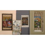 4 Diverse indopersische Miniaturen "Jagdszenen" aus persischen Handschriften, Deckfarbenmalerei/Pap