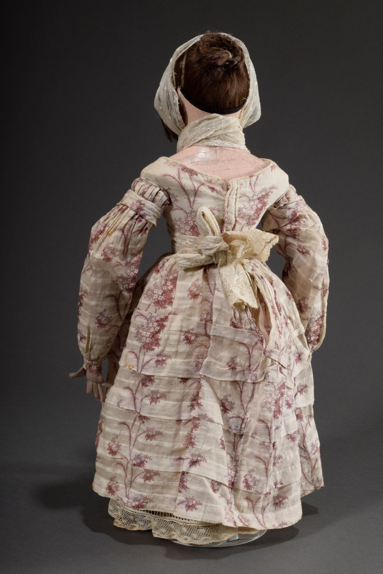 Early Biedermeier doll with papier-mâché breasthead, real hair and brown eyes, original clothing, c - Image 3 of 5