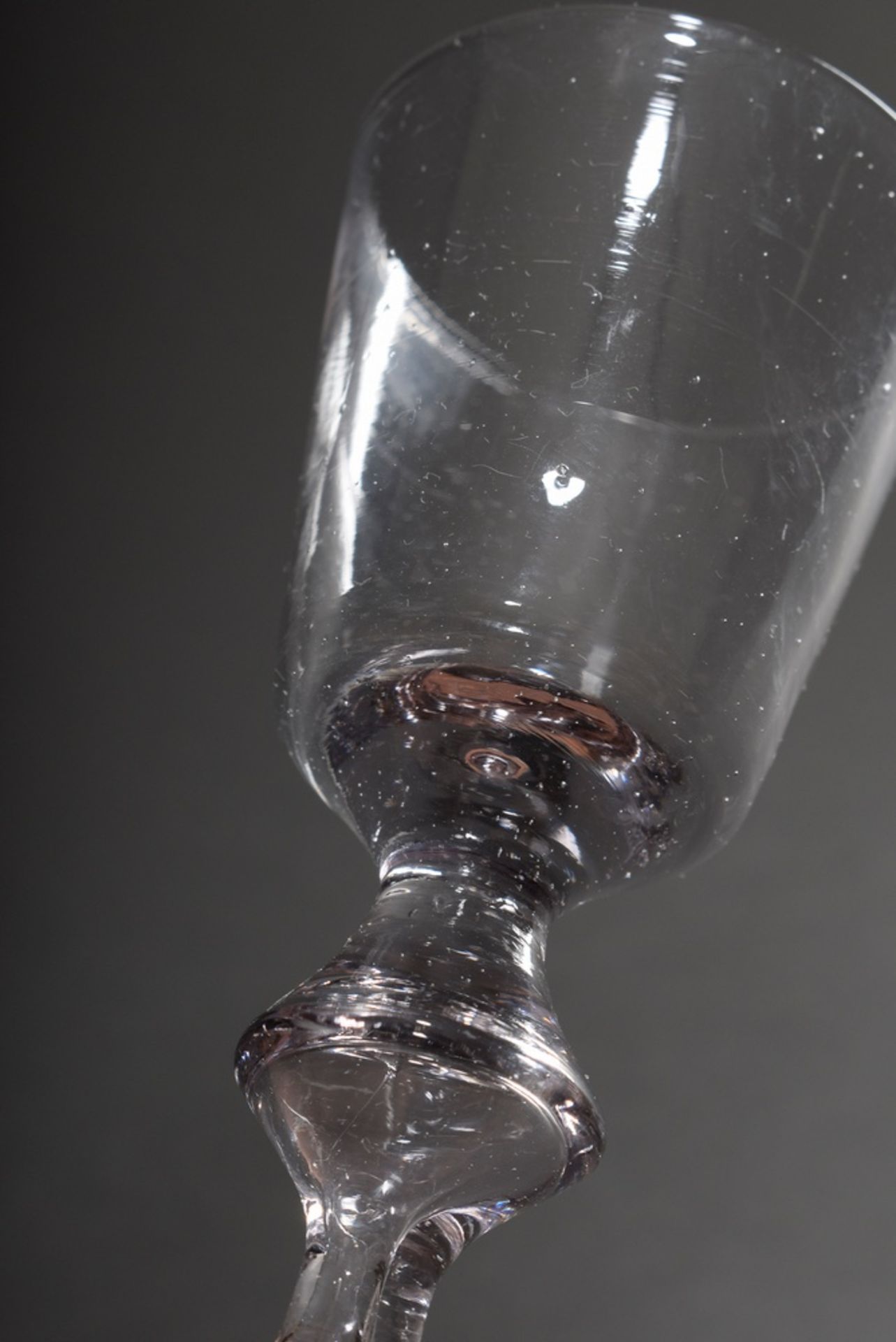 Small baroque goblet glass with hollow blown baluster stem on bell base with folded rim, 18th centu - Image 2 of 3