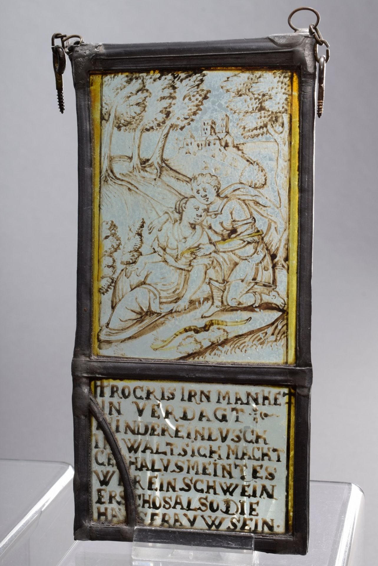 7 Various antique leaded glass with antique scenes, sayings, figural representations etc. in square - Image 5 of 12