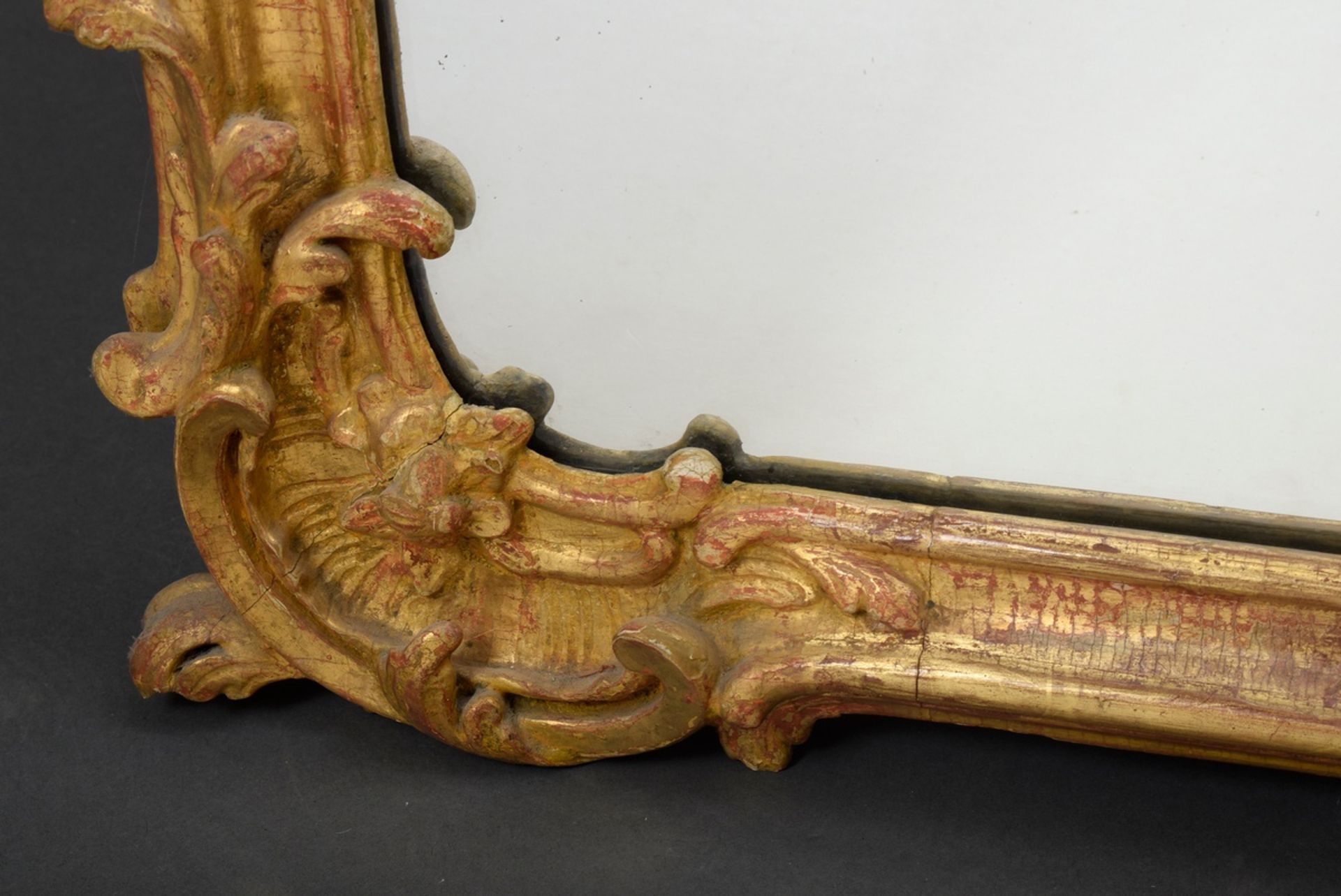 Large rococo console mirror with carved and gilded frame, openwork rocaille and floral carving in t - Image 3 of 5